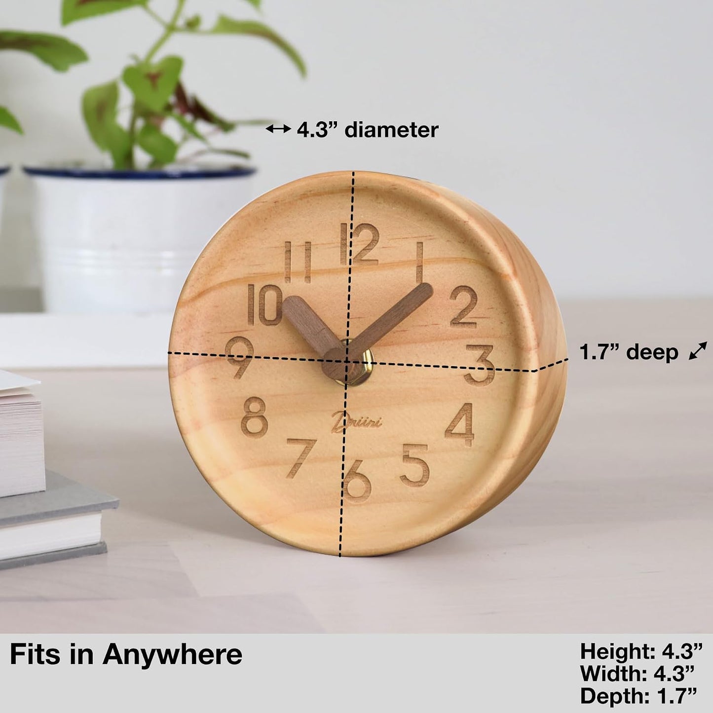 Driini Wooden Analog Desktop Clock – 4.3 in. Decorative Pinewood, No-Tick Design – Easy to Read Silent Sweep Mantle