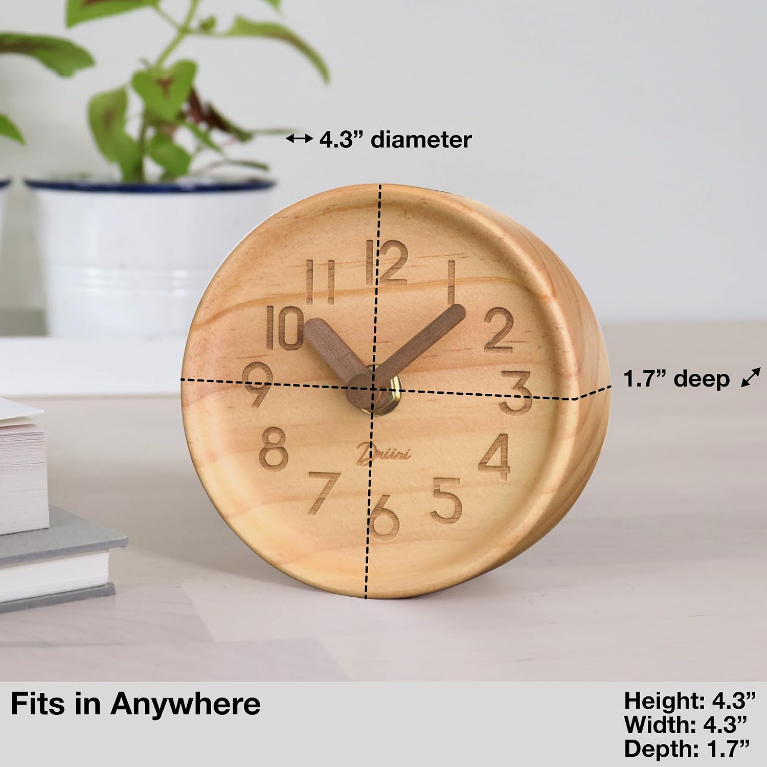 Driini Wooden Analog Desktop Clock – 4.3 in. Decorative Pinewood, No-Tick Design – Easy to Read Silent Sweep Mantle