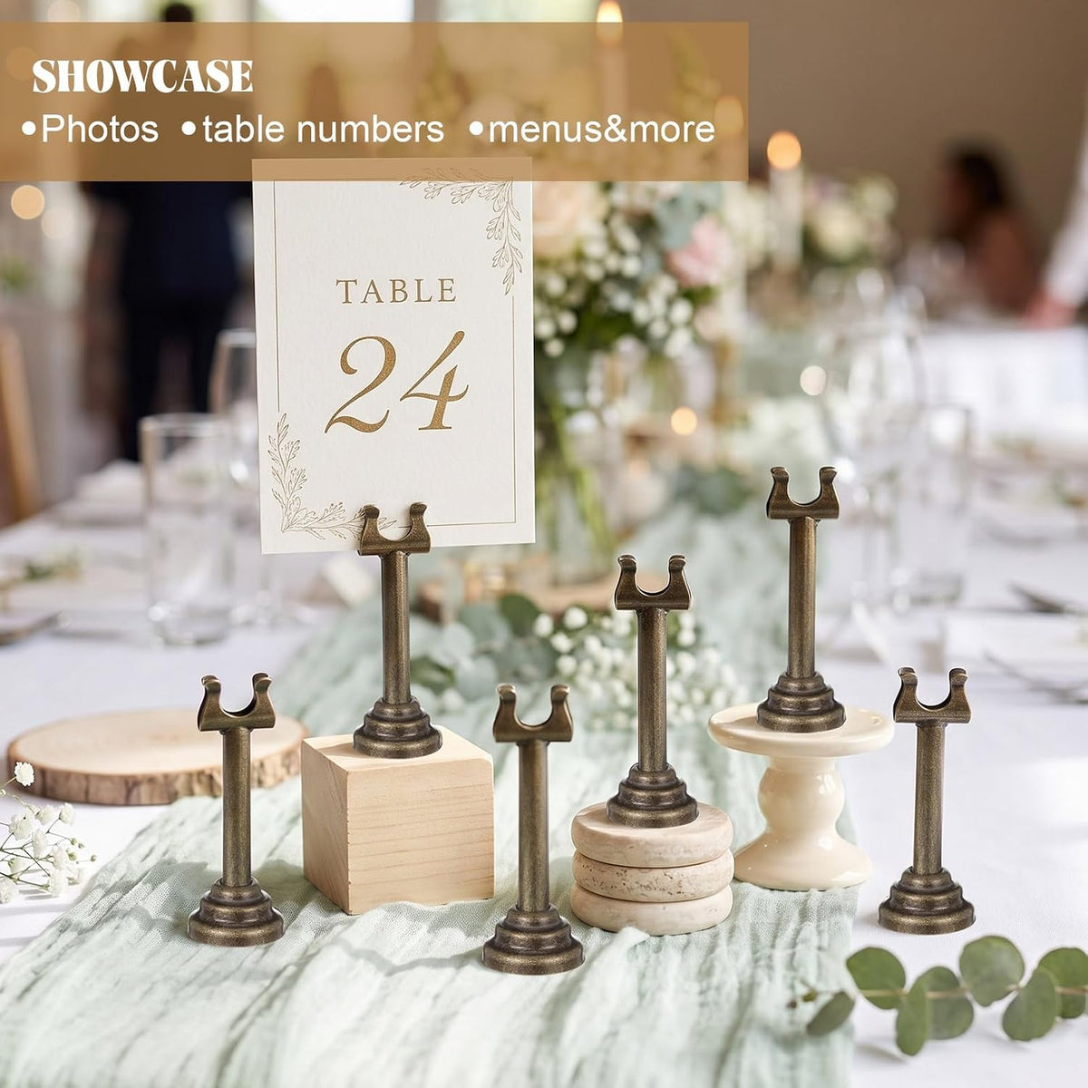 24 Pcs Bronze Metal Table Number Holders 3.15 Inch Wedding Place Card Holders Bulk Harp Clip Table Sign Stands Card