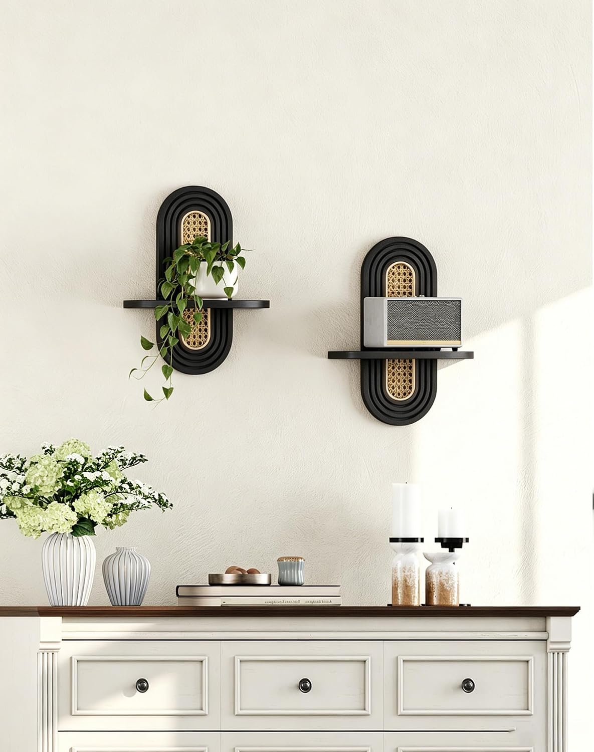 Floating Shelves / Rattan Plant Shelf / Black / Set of 2