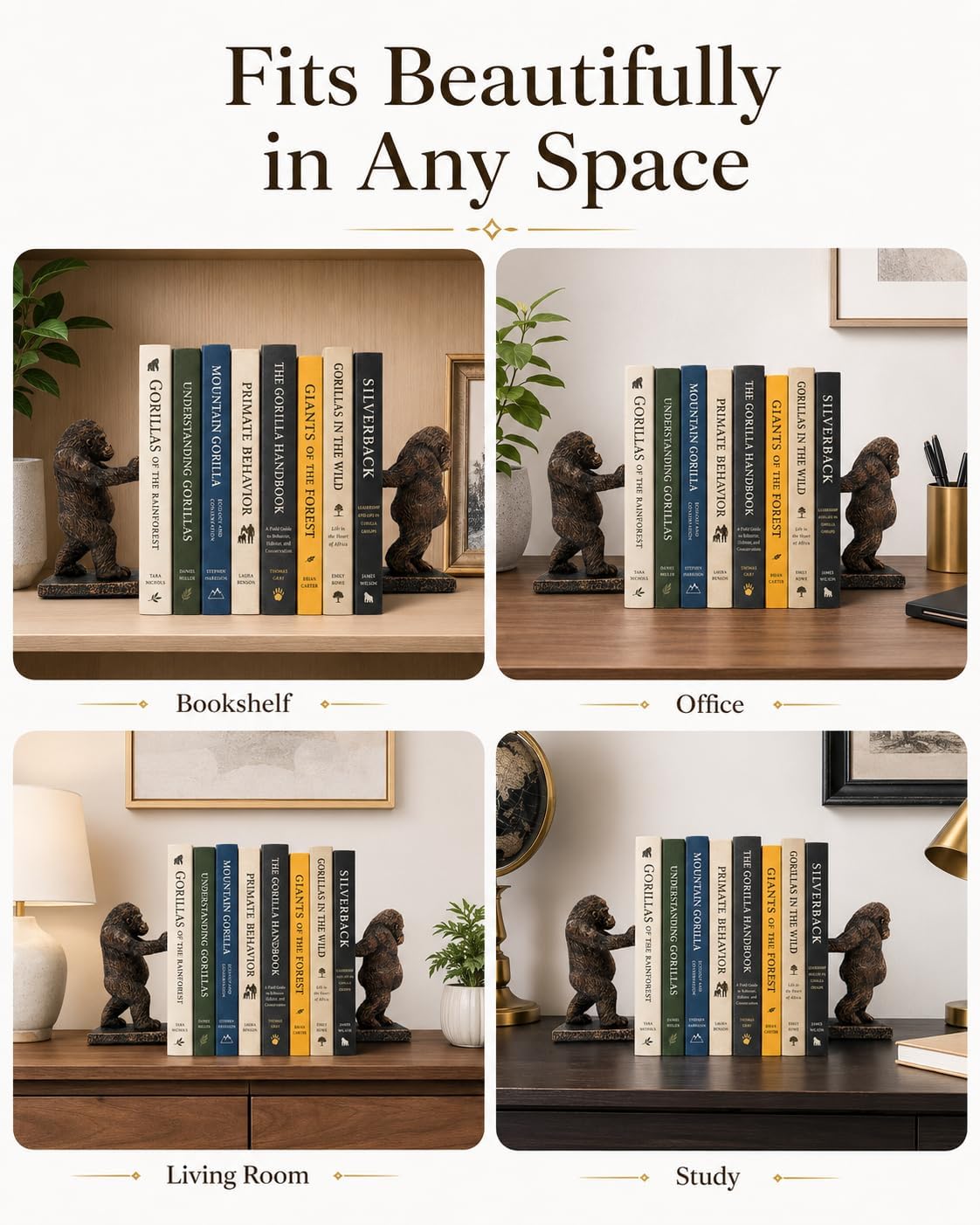 Resin Bookends / Realistic Heavy Animal Sculpture Decorative Book Ends / Gorilla / Bronze / Set of 2