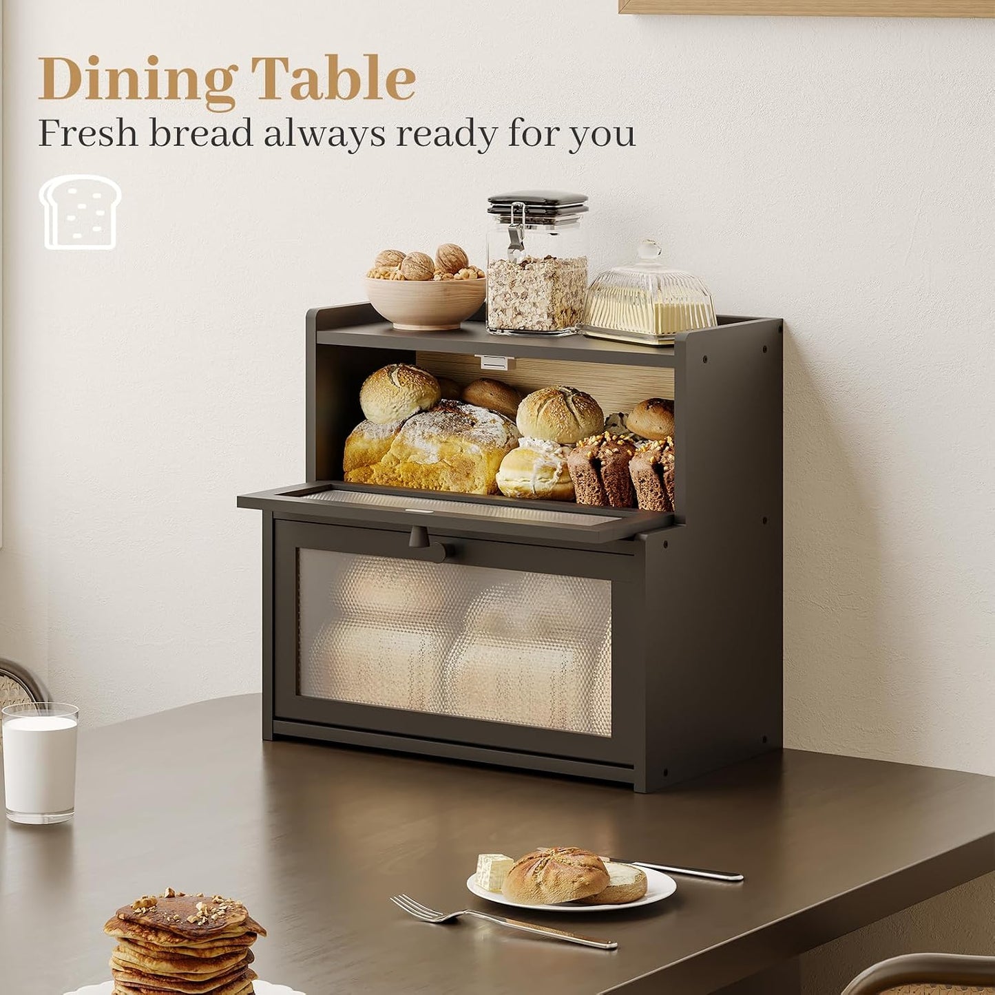 Bread Box for Kitchen Countertop, Large Bamboo Bread Storage Container with Double Layer, Bread Holder for Homemade