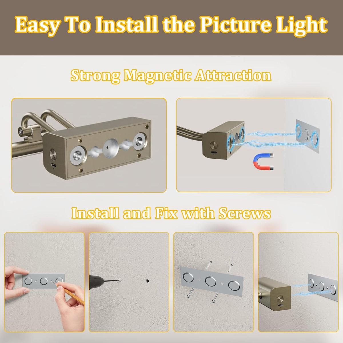 Picture Light for Wall, Antique Brass, 13.8", Remote Control | 4000mAh Cordless,Wall Light, Magnetic for Easy to