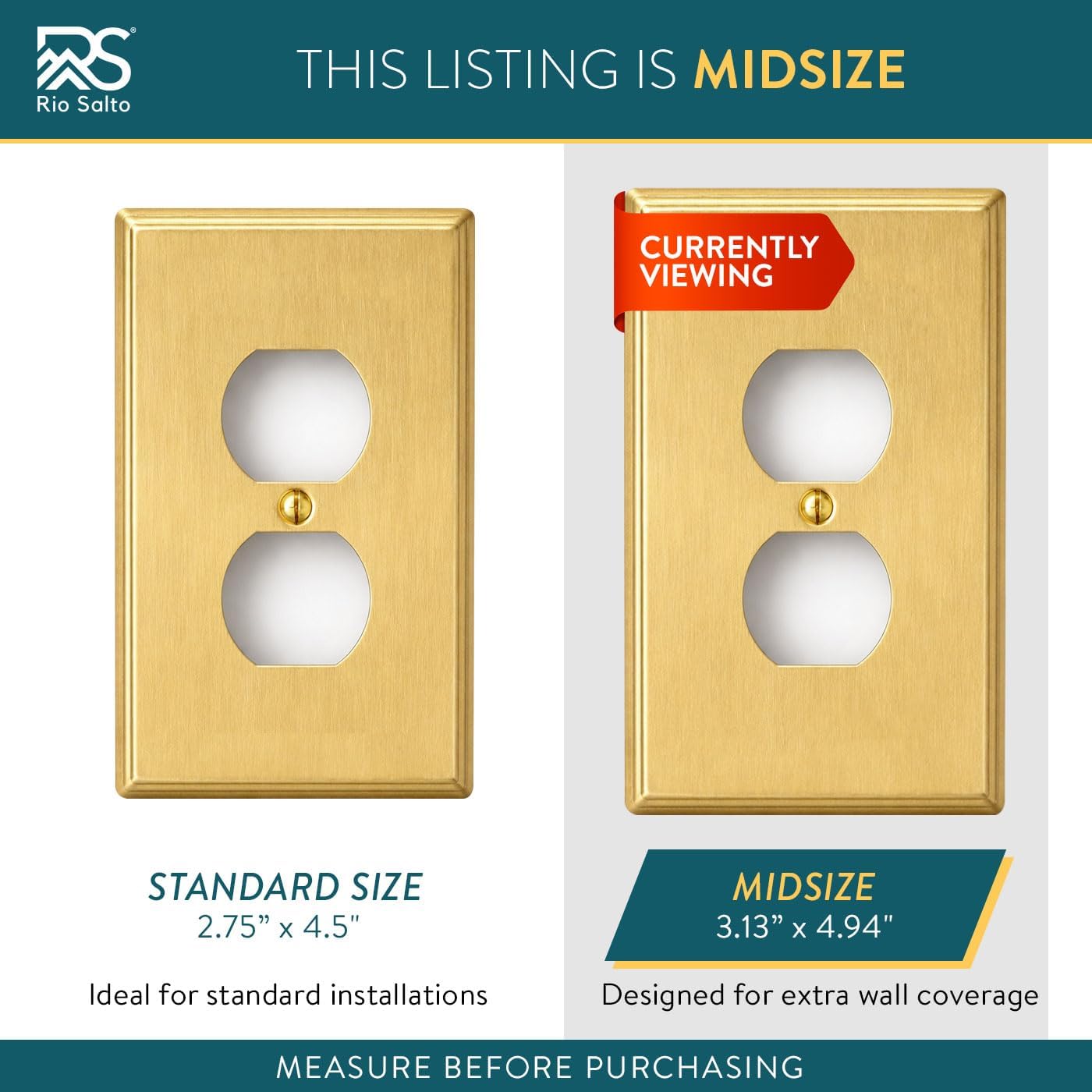 Rio Salto MIDSIZE BRASS Light Switch Plate Outlet Cover Wall Plates – Deco Collection Brushed Brass Gold Duplex Outlet