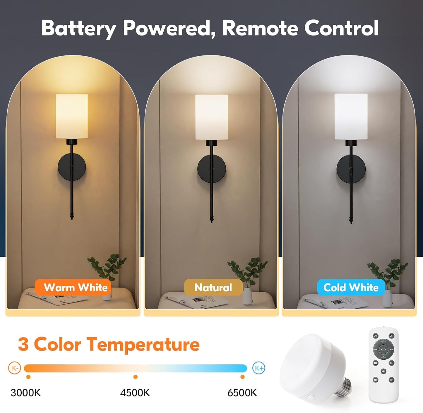 20.67 inch Battery Operated Wall Sconce Set of 2, Black Rechargeable Wall Lights with 10400mAh Dimmable Bulbs and