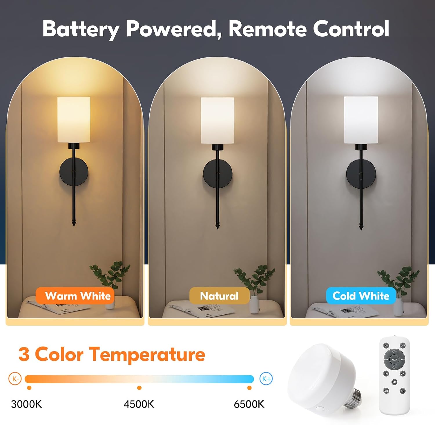 20.67 inch Battery Operated Wall Sconce Set of 2, Black Rechargeable Wall Lights with 10400mAh Dimmable Bulbs and