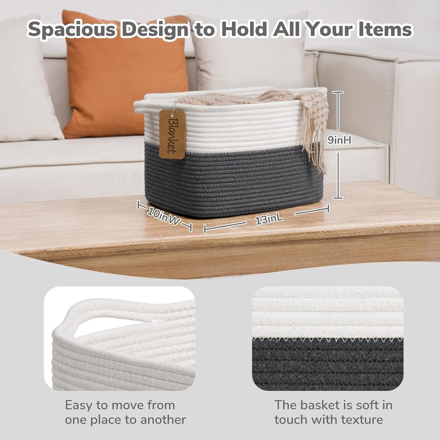 Woven Storage Basket / Dark Gray / 13"L x 10"W x 9"H