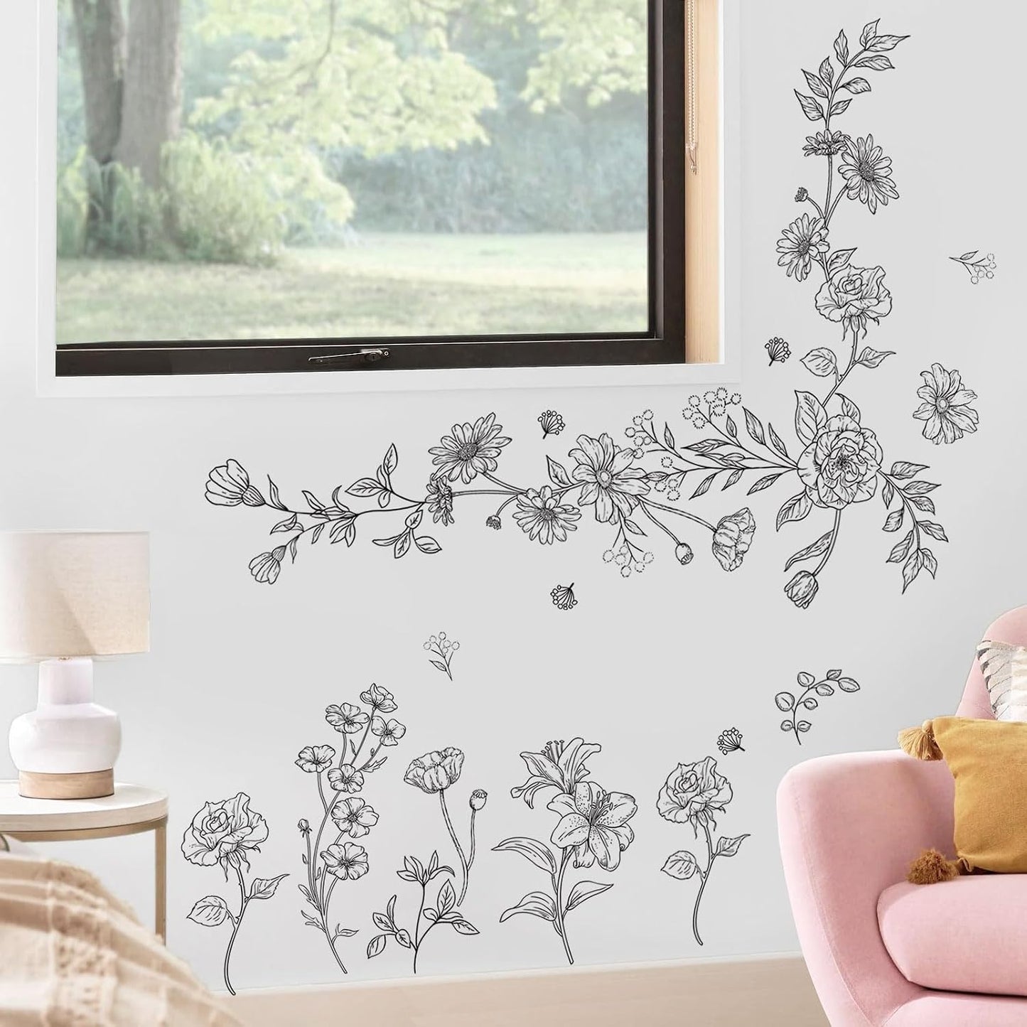 15 Sheets Garden Floral Wall Decals DIY Peel and Stick Wall Decal Self Adhesive / Black Sketch