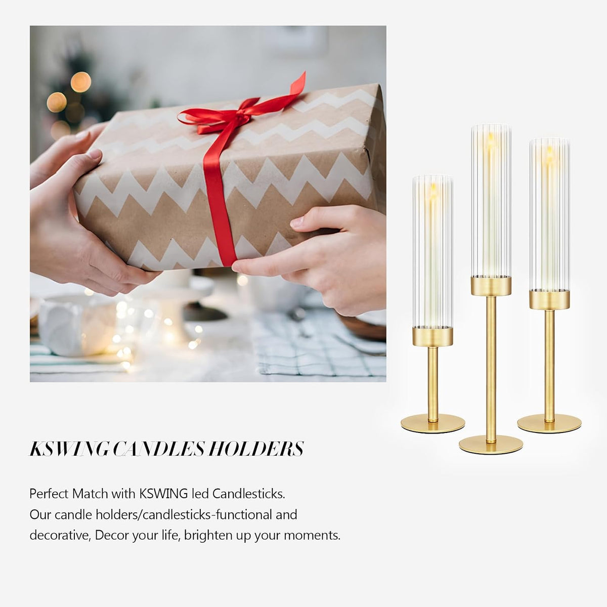 Glass Hurricane Candlestick Holders Gold, KSWING Set of 3 Taper Candle Holders Brass Tall Clear Candle Stand Holders