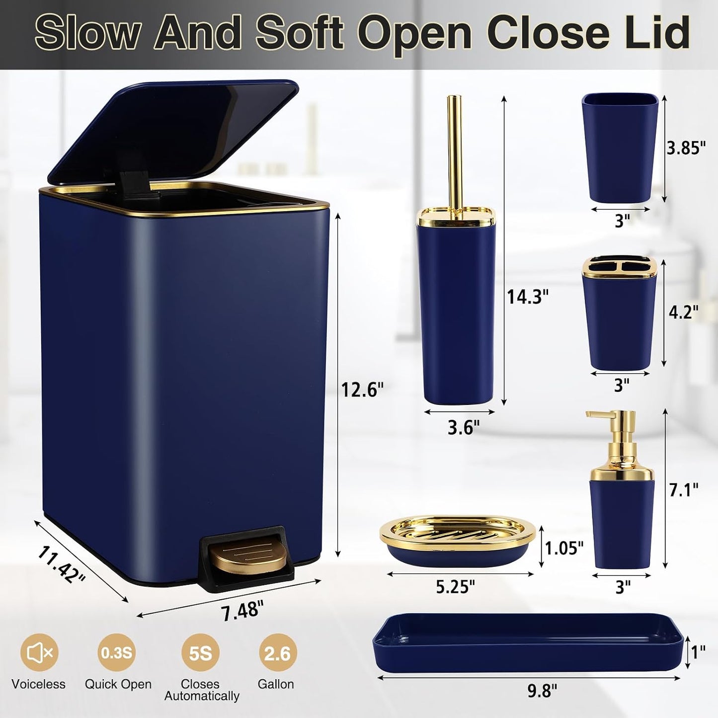 XLHOMO Navy Blue Bathroom Accessories Set 8 Piece Navy Blue and Gold Bathroom Set, Bathroom Sets with Stainless Steel