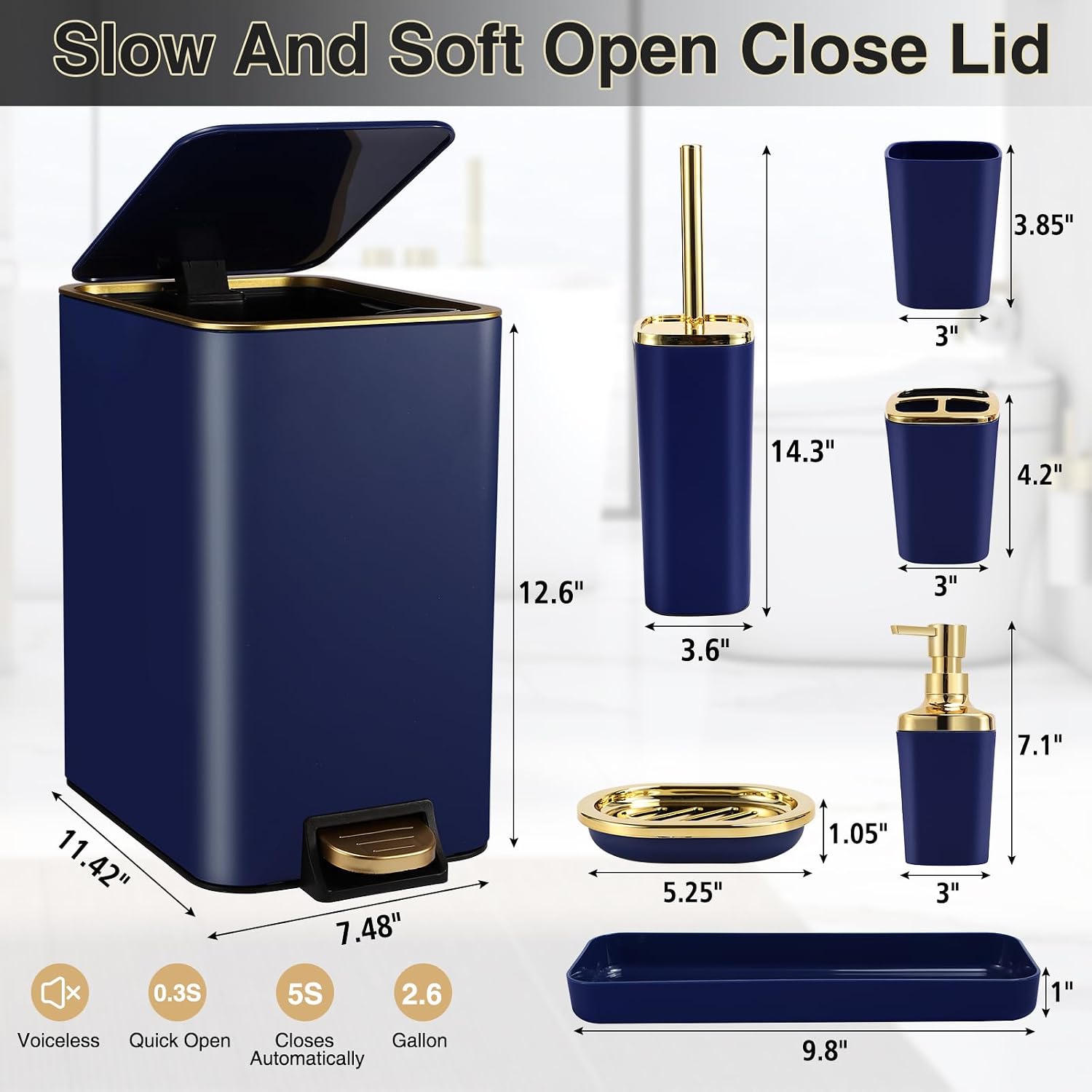 XLHOMO Navy Blue Bathroom Accessories Set 8 Piece Navy Blue and Gold Bathroom Set, Bathroom Sets with Stainless Steel