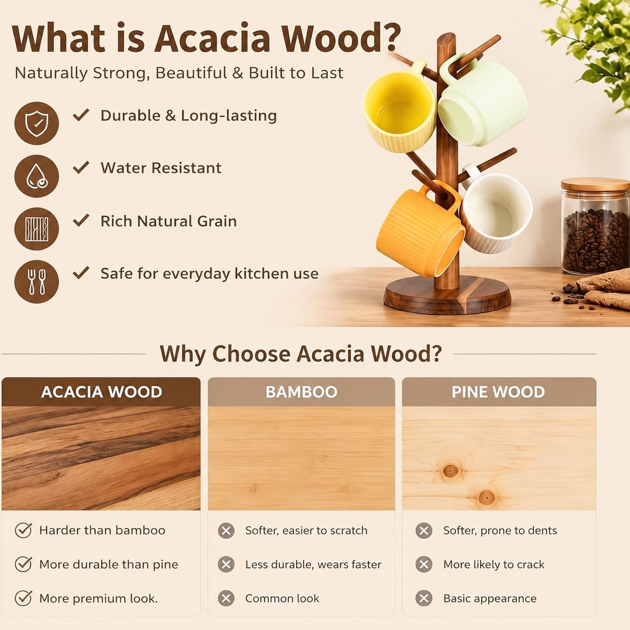 Acacia Wood Coffee Mug Tree Holder Countertop with 6 Hooks | Wooden Mug Organizer for Kitchen Coffee Bar, Easy to