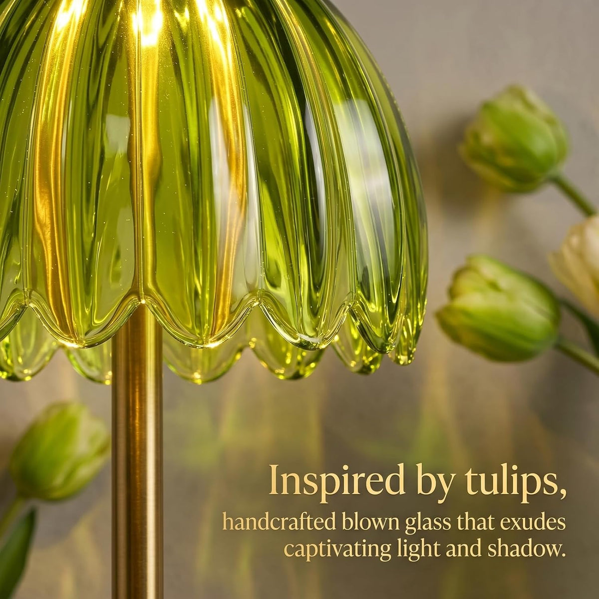 EJQ Glass Tulip Rechargeable Table Lamp, Cordless Flower Table Light -Green | Handcrafted green glass shade; aluminum