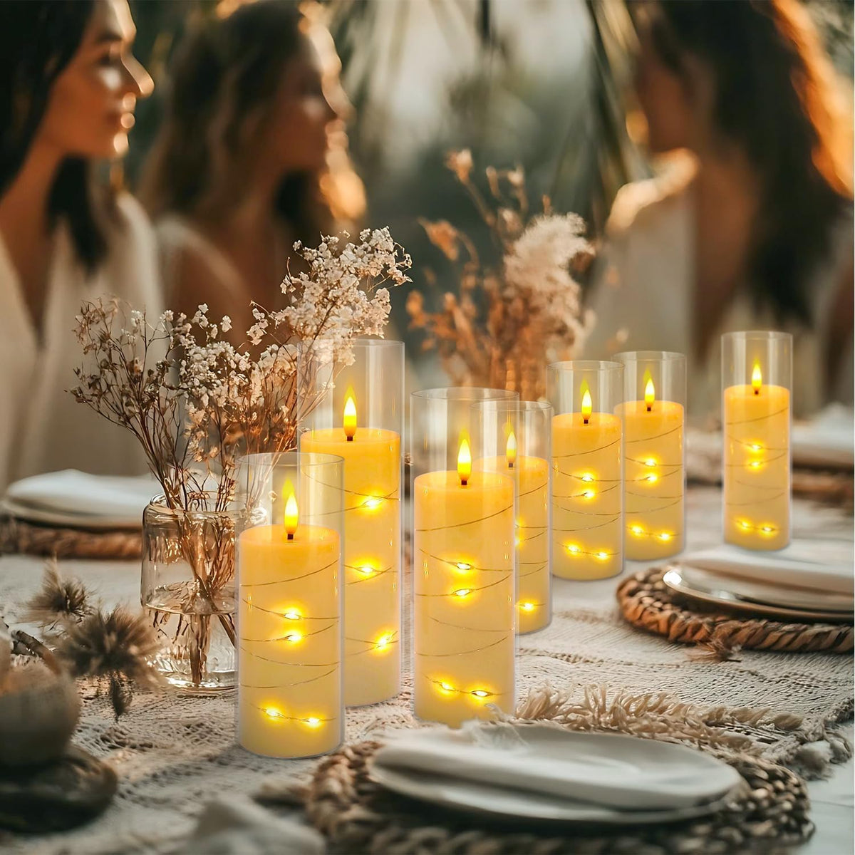 24 Pcs LED Flameless Candles with Remote, 3D Flickering Flame & LED String Lights, Acrylic Clear Cylinder, Timer