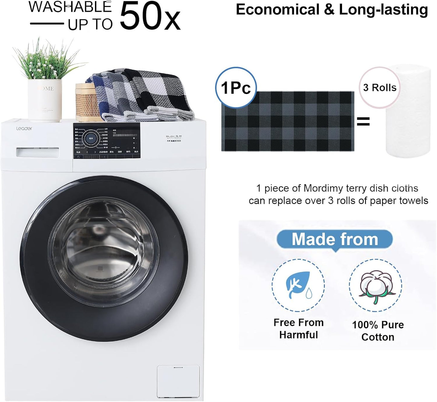 Mordimy Cotton Waffle Weave Kitchen Towels, 13"x 28", 8 Pack, Black & Grey | Super Soft and Absorbent Buffalo Check