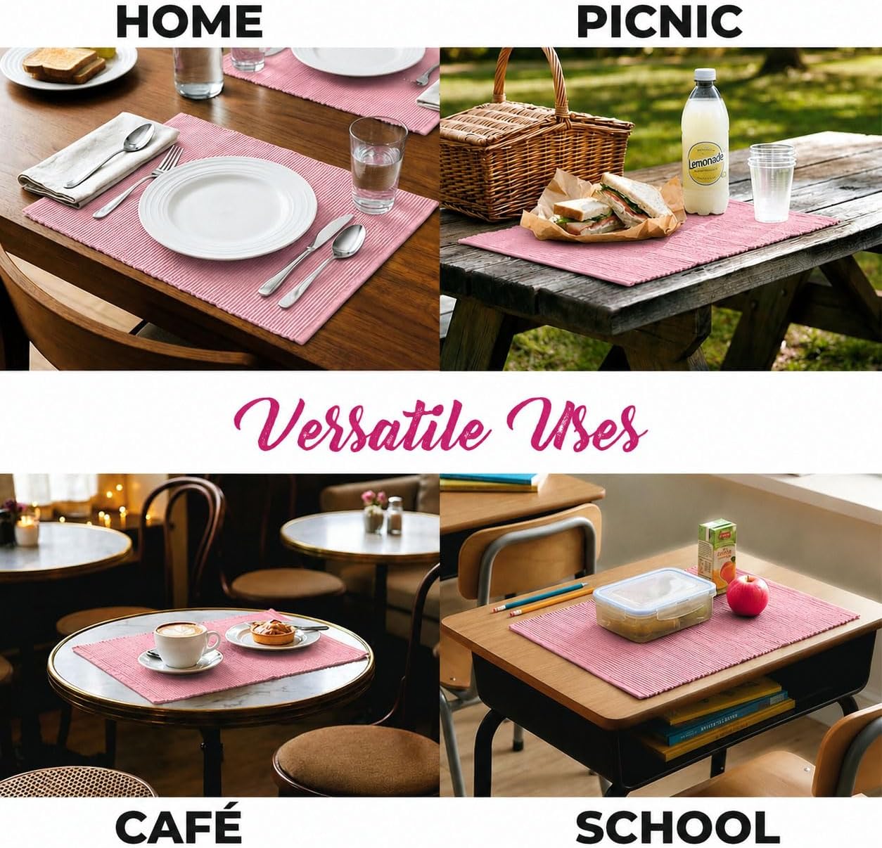 100% Cotton Ribbed Placemats - Set of 6-13 x 19 Inches - Dull Pink - Everyday Basic Cloth Table Mats - Thick