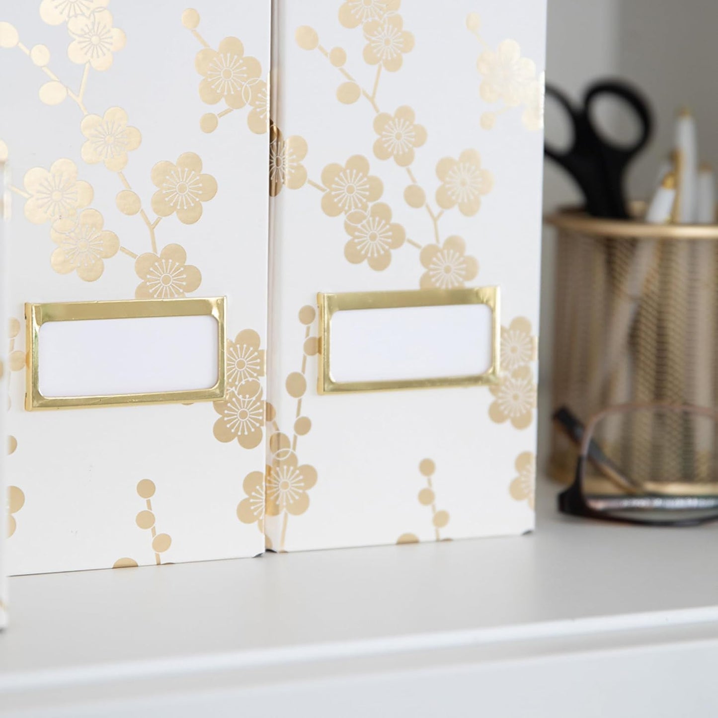 BLU MONACO | Set of 4 Foldable Magazine Storage Boxes with Gold Floral Pattern | Decorative Vertical File Organizers