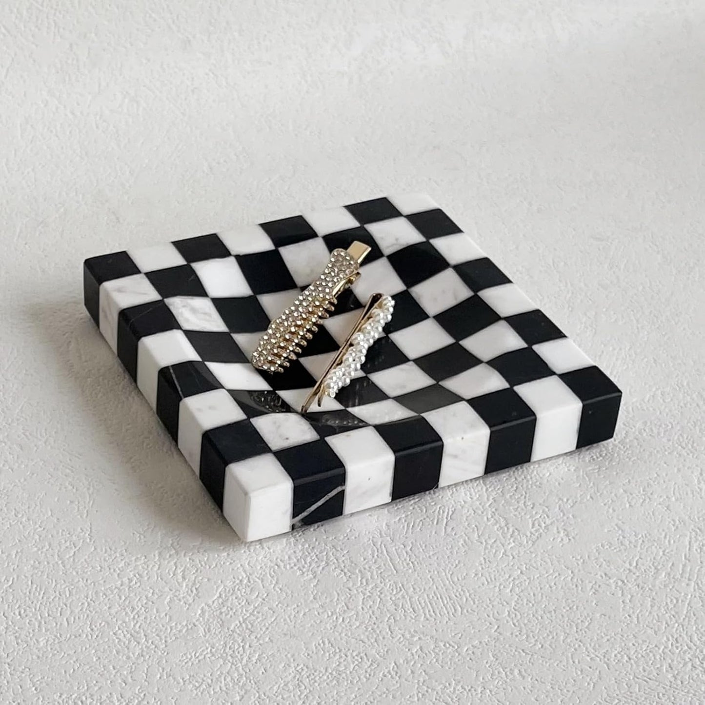 Marble Stone Checkerboard Square Small Splicing Mosaic Tray Jewelry Dish / Black and White