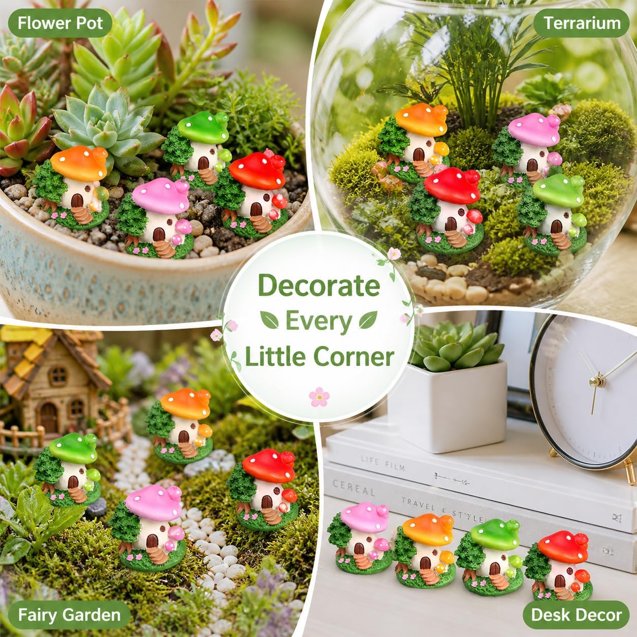 Garden Statues / Mushroom House Outdoor Garden Statues / Set of 4