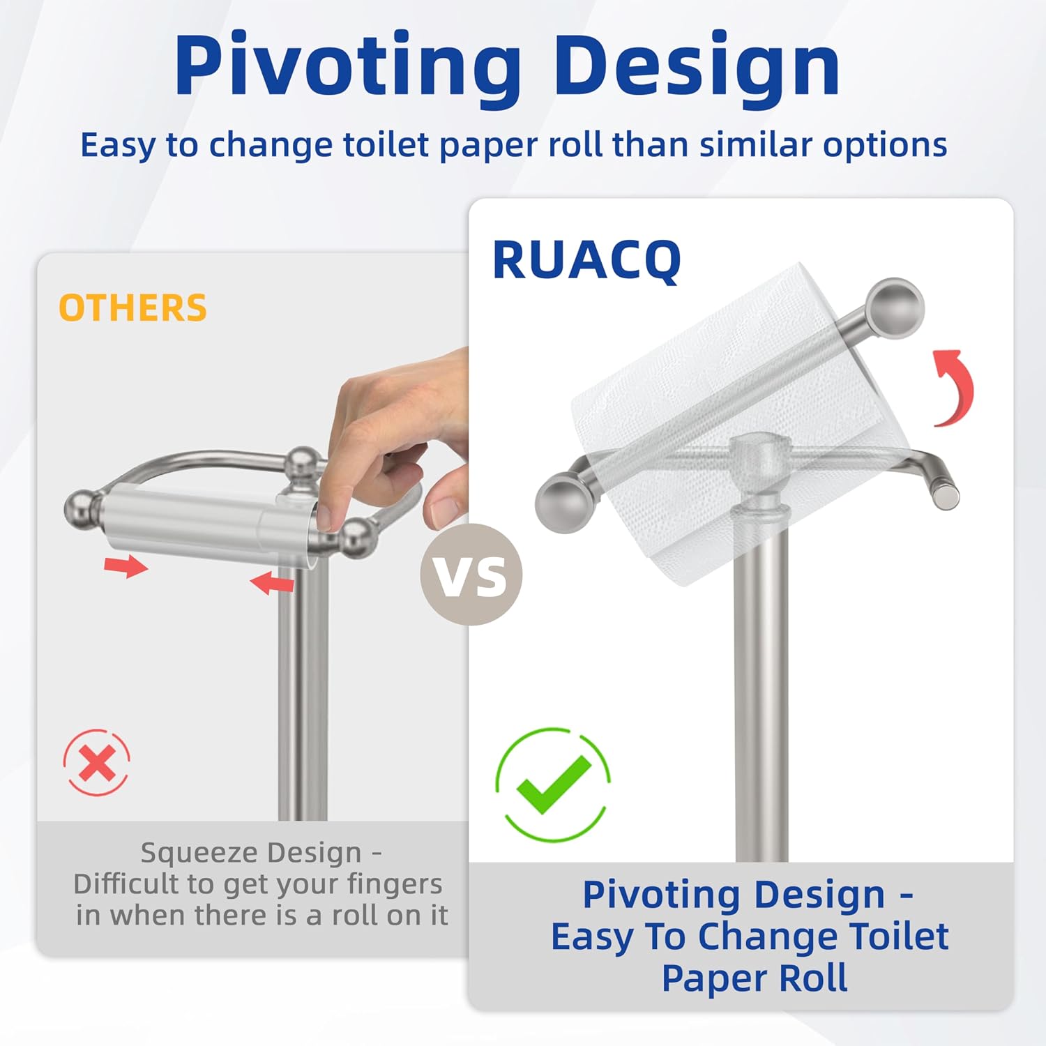 RUACQ Bathroom Toilet Paper Holder Stand with Storage, Brushed Nickel | Pivoting Free Standing Toilet Roll Holder