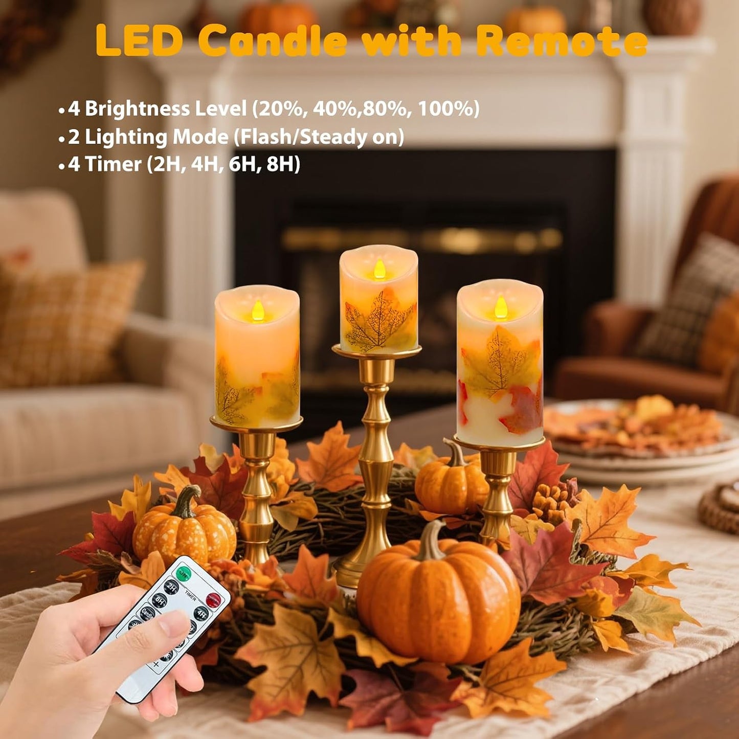 Maple Leaf Flameless Candles Set of 3, Fall Candles with Remote & Timer | Flickering Real Wax Pillar Candles Battery