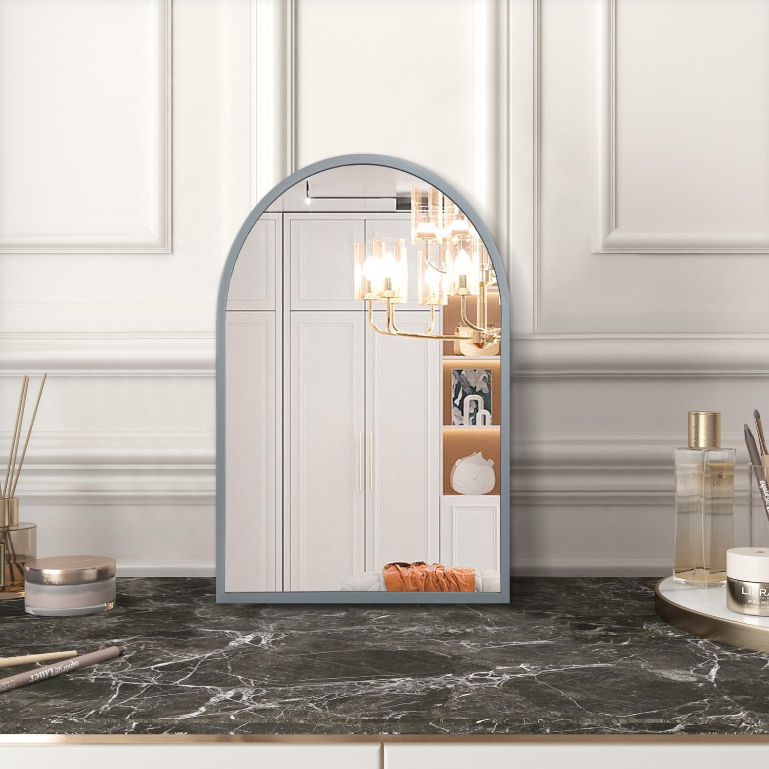 Wall Mirror Arched Bathroom Mirrors Aluminum Alloy Frame Contemporary Hanging / 16"L x 12"W / Grey