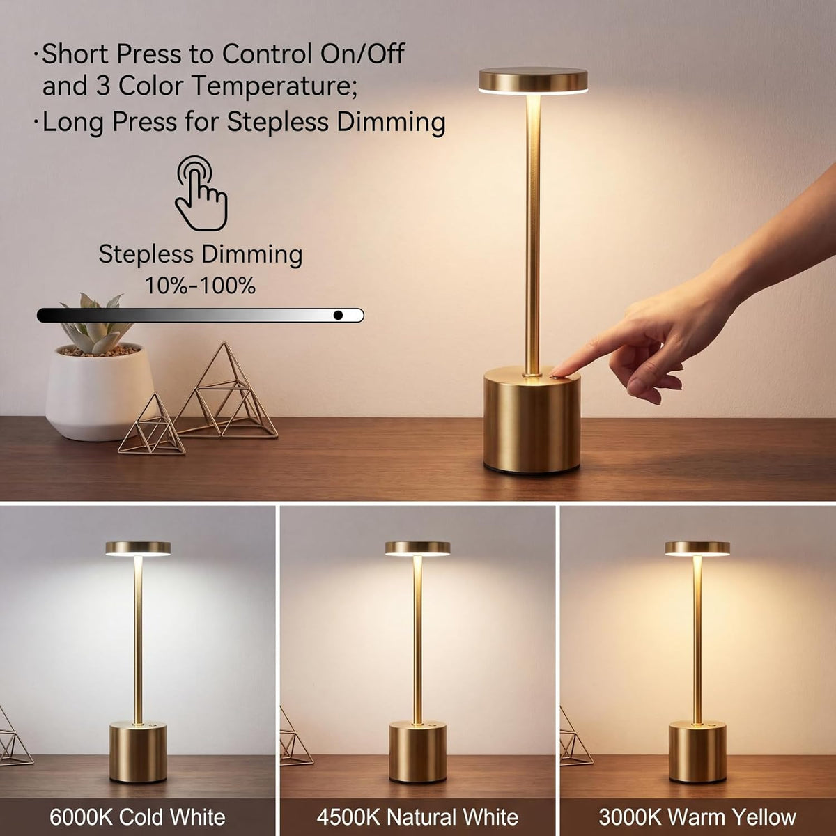 Cordless Table Lamp Set of 2, Gold Rechargeable Table Light | 5000mAh Battery Wireless 3 Color Dimmable Touch Lamp