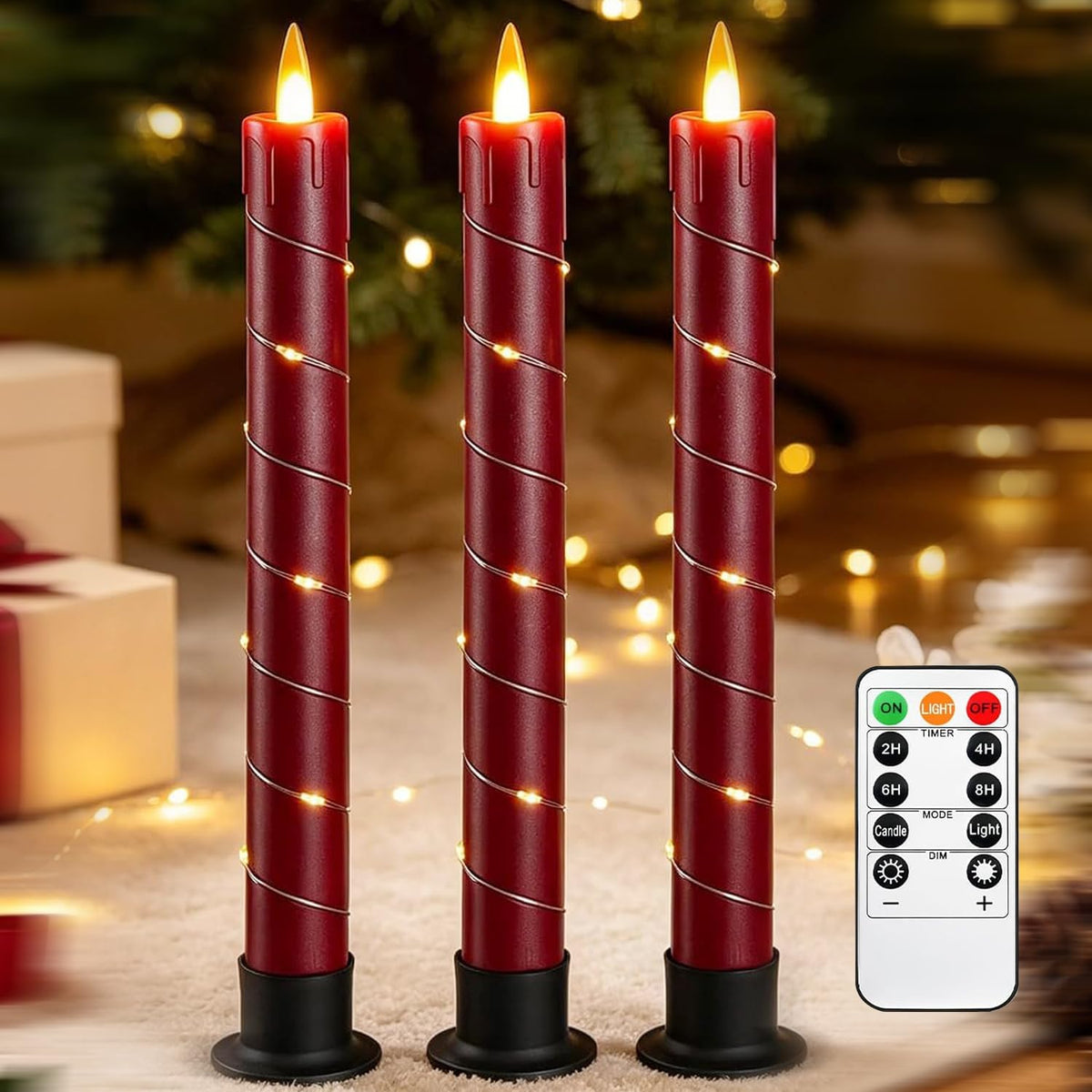 Flameless Cone-Shaped Candle, Patented with Starlight String, 11 Key Remote Control, Timer, Battery Powered, Patented Simulated Flame, 3 Packs, Christmas Home and Wedding Decoration (red)