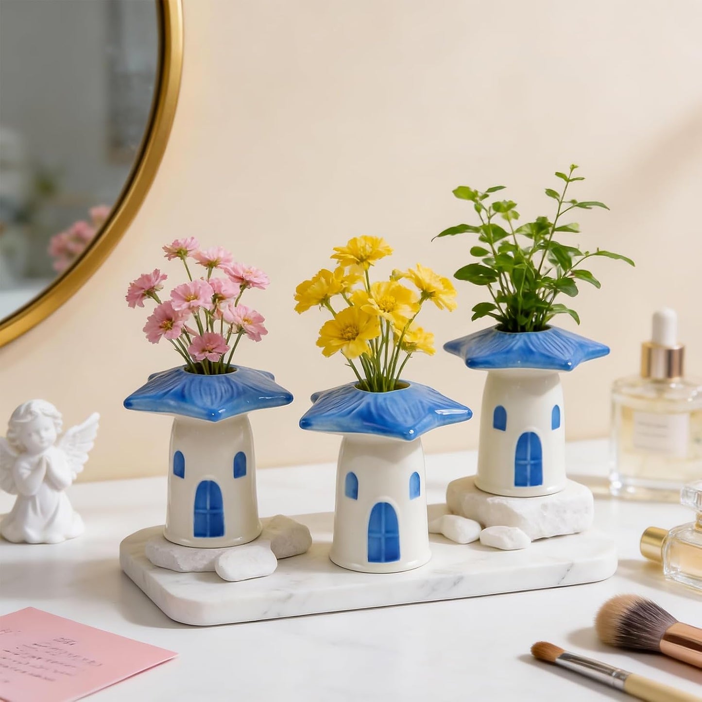House Ceramic Bud Vase / Birdhouse Bud Vase / Blue / Set of 3