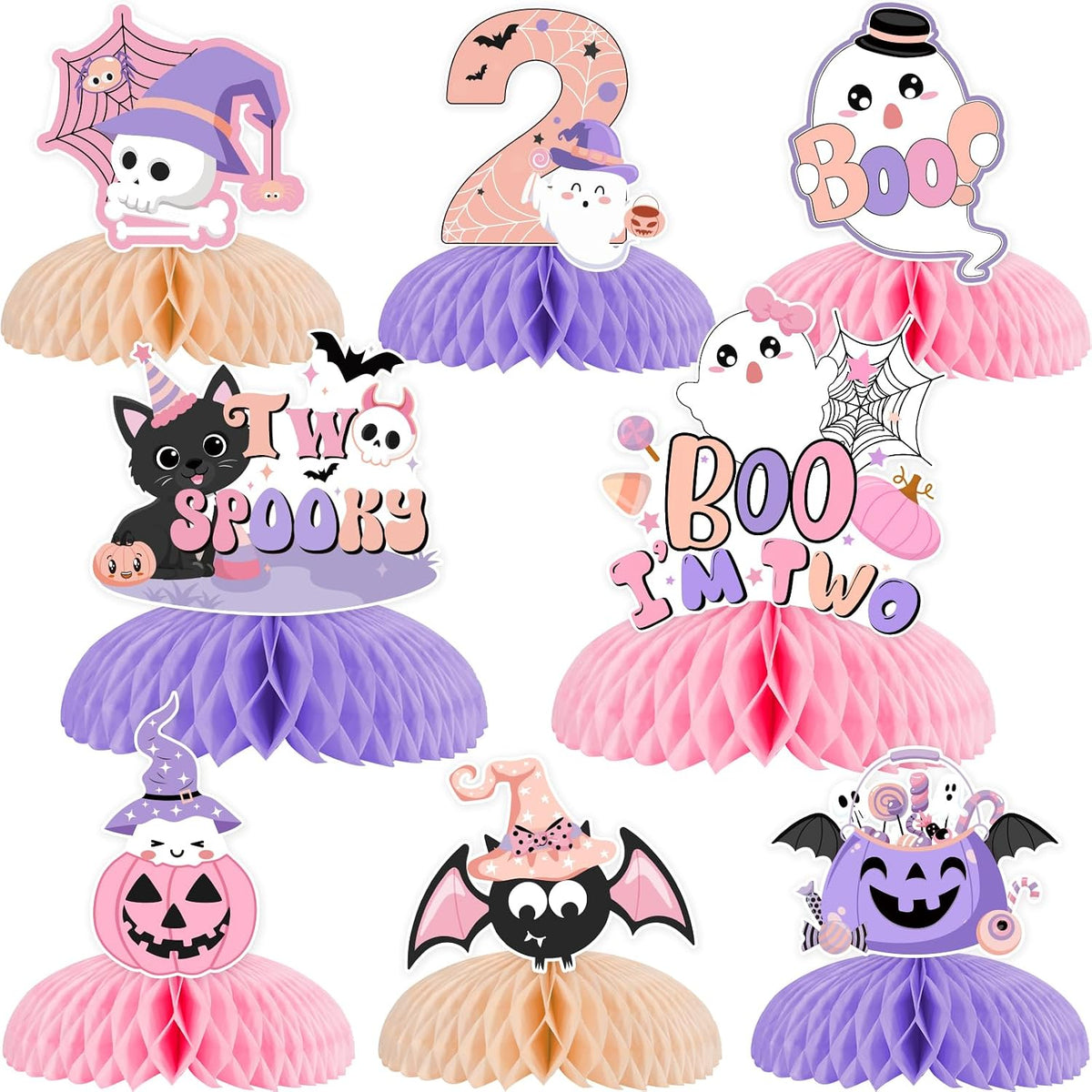 Pink Purple Halloween 2nd Birthday Decorations Girl 8pcs Halloween 2nd Birthday Honeycomb Centerpieces Table Decoration Two Spooky Birthday Decoration Table Topper Halloween Second Birthday