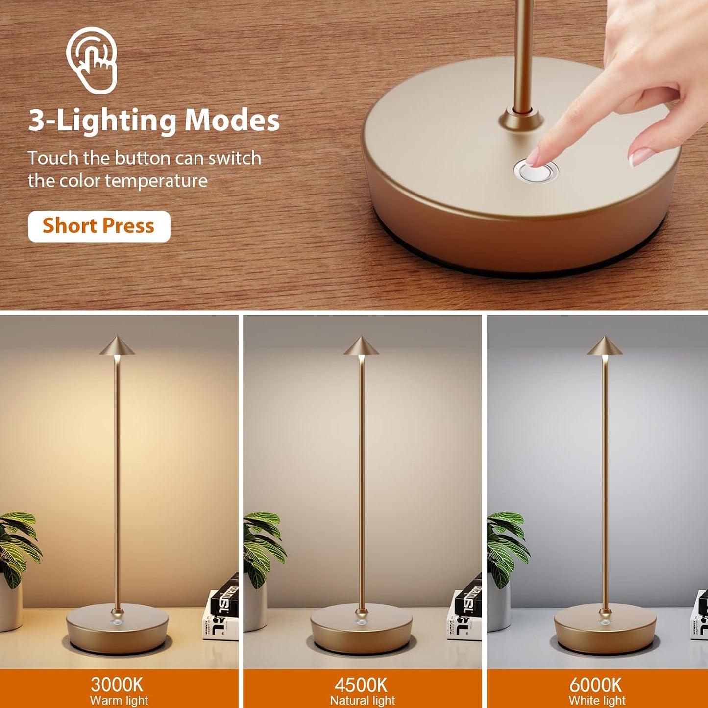 Rechargeable Cordless Table Lamp, Portable Powered LED Battery 6000mAh Metal USB Desk Lamp, 3 Levels Brightness Light
