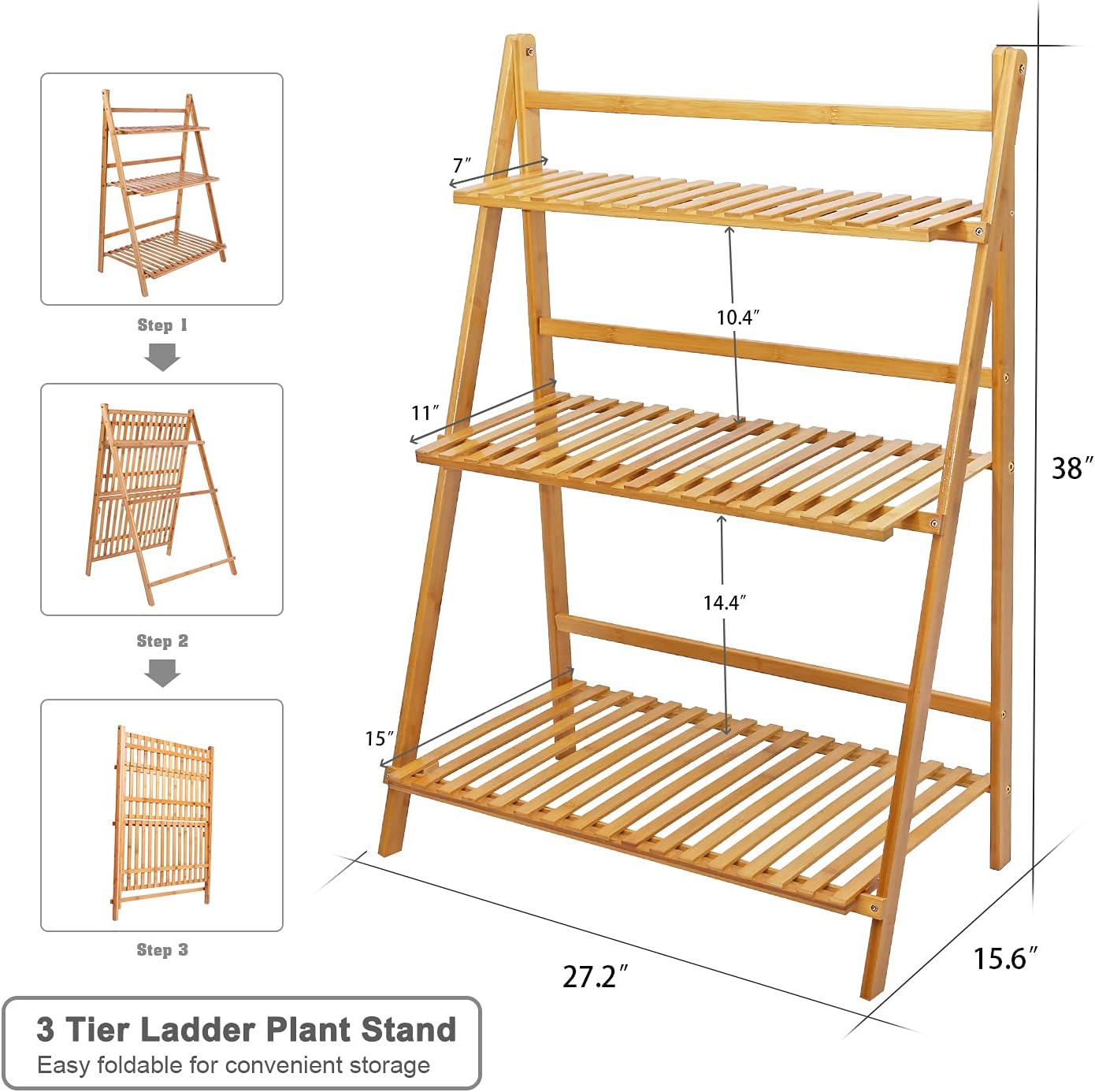 Ufine Bamboo Ladder Plant Stand 3 Tier Foldable Flower Pot Display Shelf | Indoor Outdoor Planter Organizer Holder