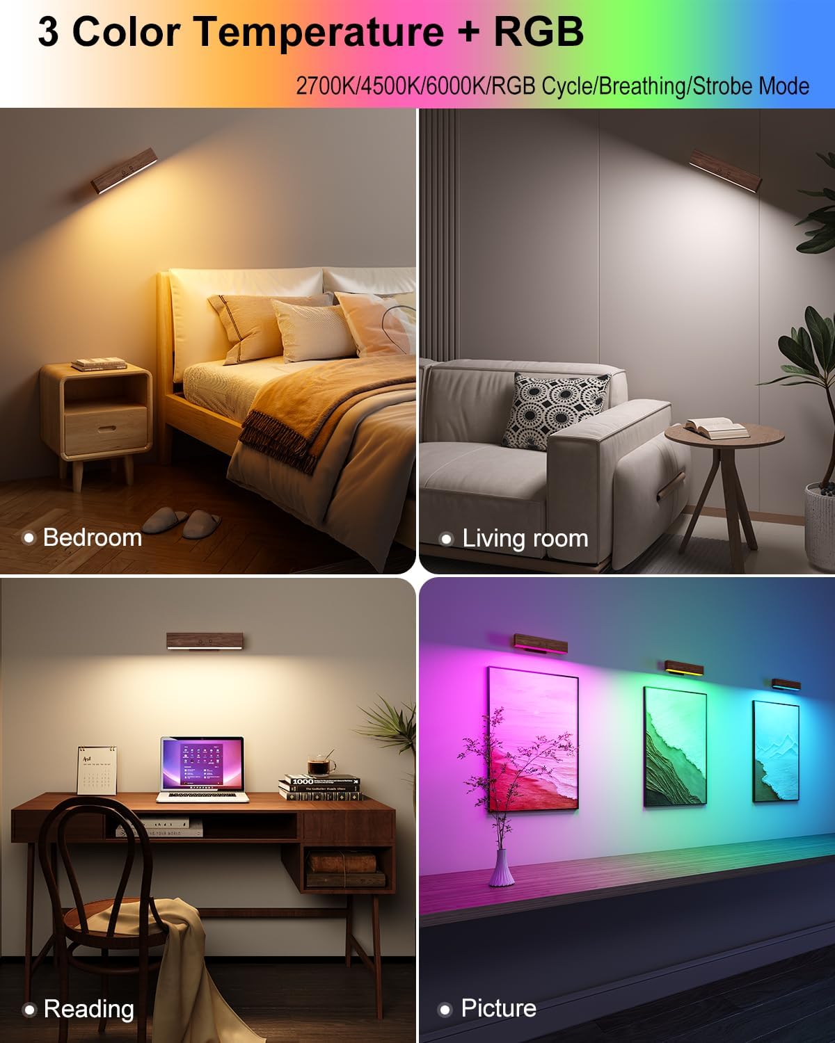 Rechargeable Wood Wall Sconce (2 Pack) with Remote & Touch, 5200mAh Battery Operated Wall Lights with 3 Color