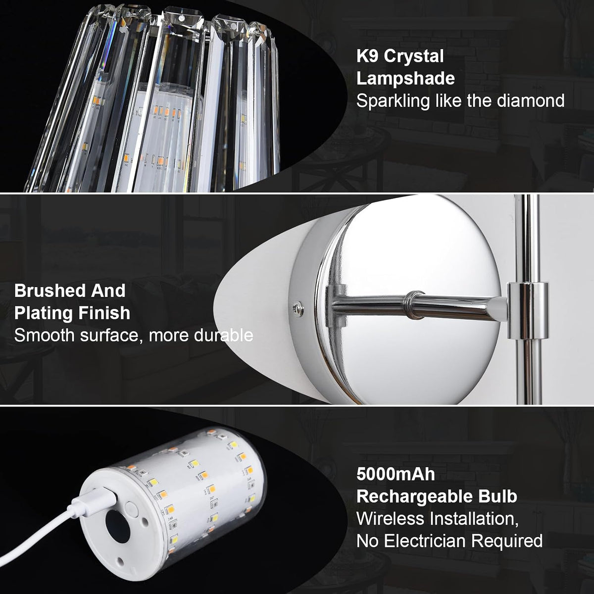 Battery Operated Crystal Wall Sconce Set of 2, Chrome Rechargeable Wireless Wall Sconces with Remote Dimmable 12 Colors