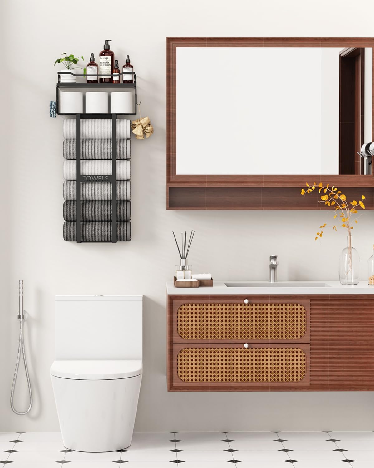 Aetyord Towel Racks for Bathroom 31inch Wall Mounted Towel Rack,Floating Shelf with Wood Plank,Towel Storage for