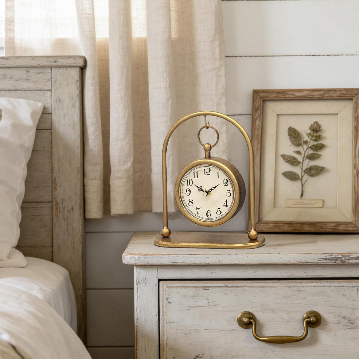Vintage Small Gold Table Clock, Farmhouse Table Clock, Silent Non-Ticking Battery Operated Desk and Shelf Clocks for