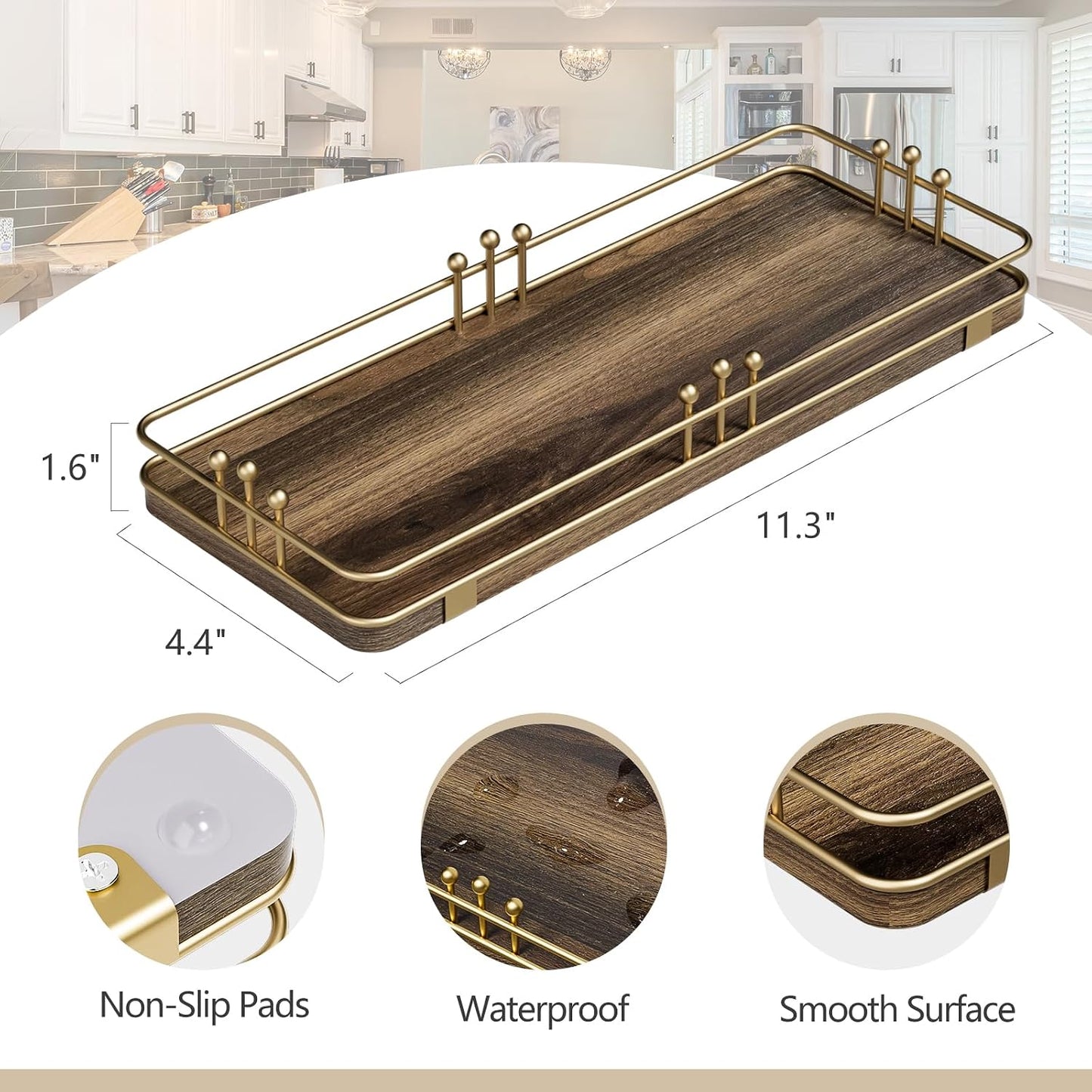 Kitchen Tray for Salt Spice / 11.3 x 4.4 x 1.6 / Brown + Gold