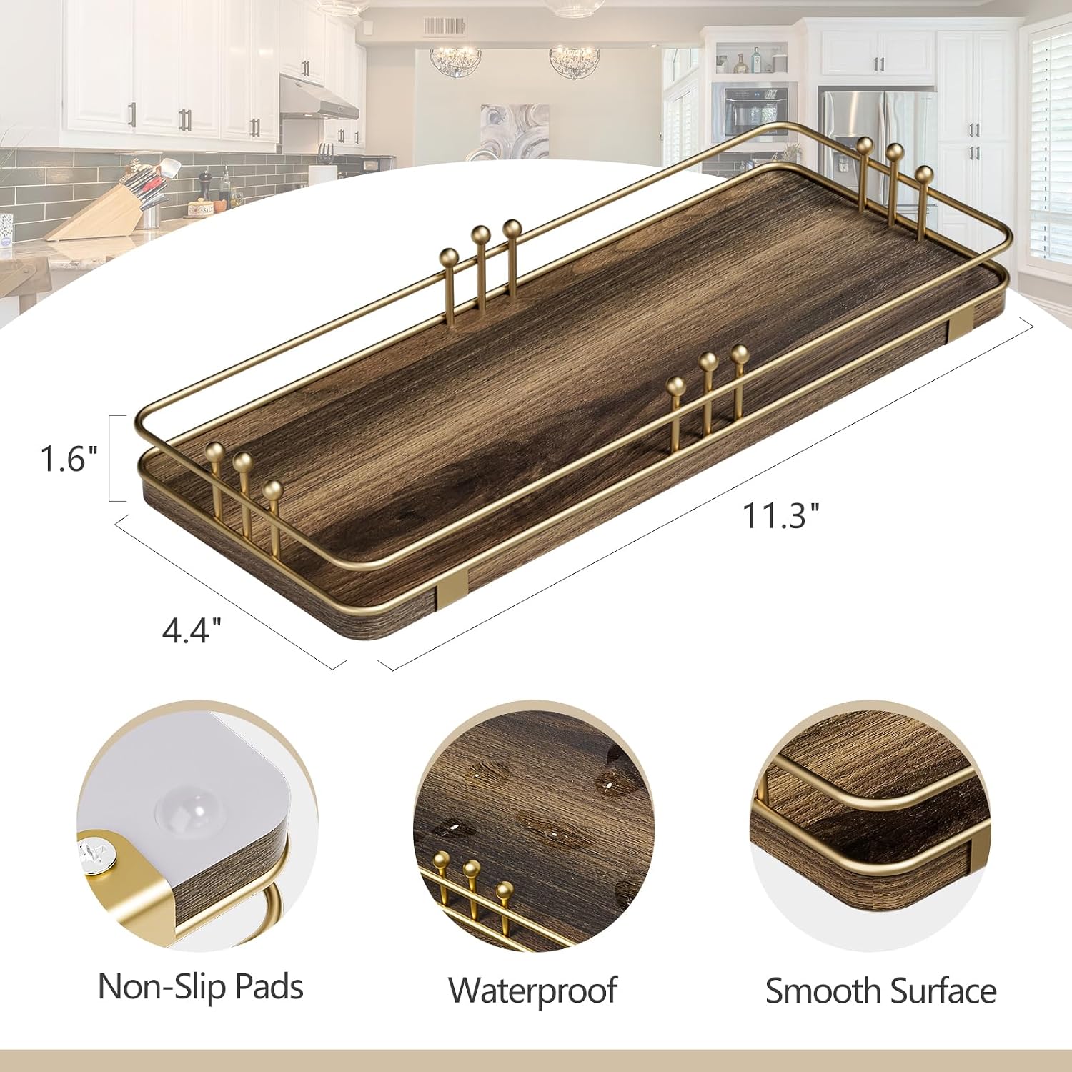 Kitchen Tray for Salt Spice / 11.3 x 4.4 x 1.6 / Brown + Gold