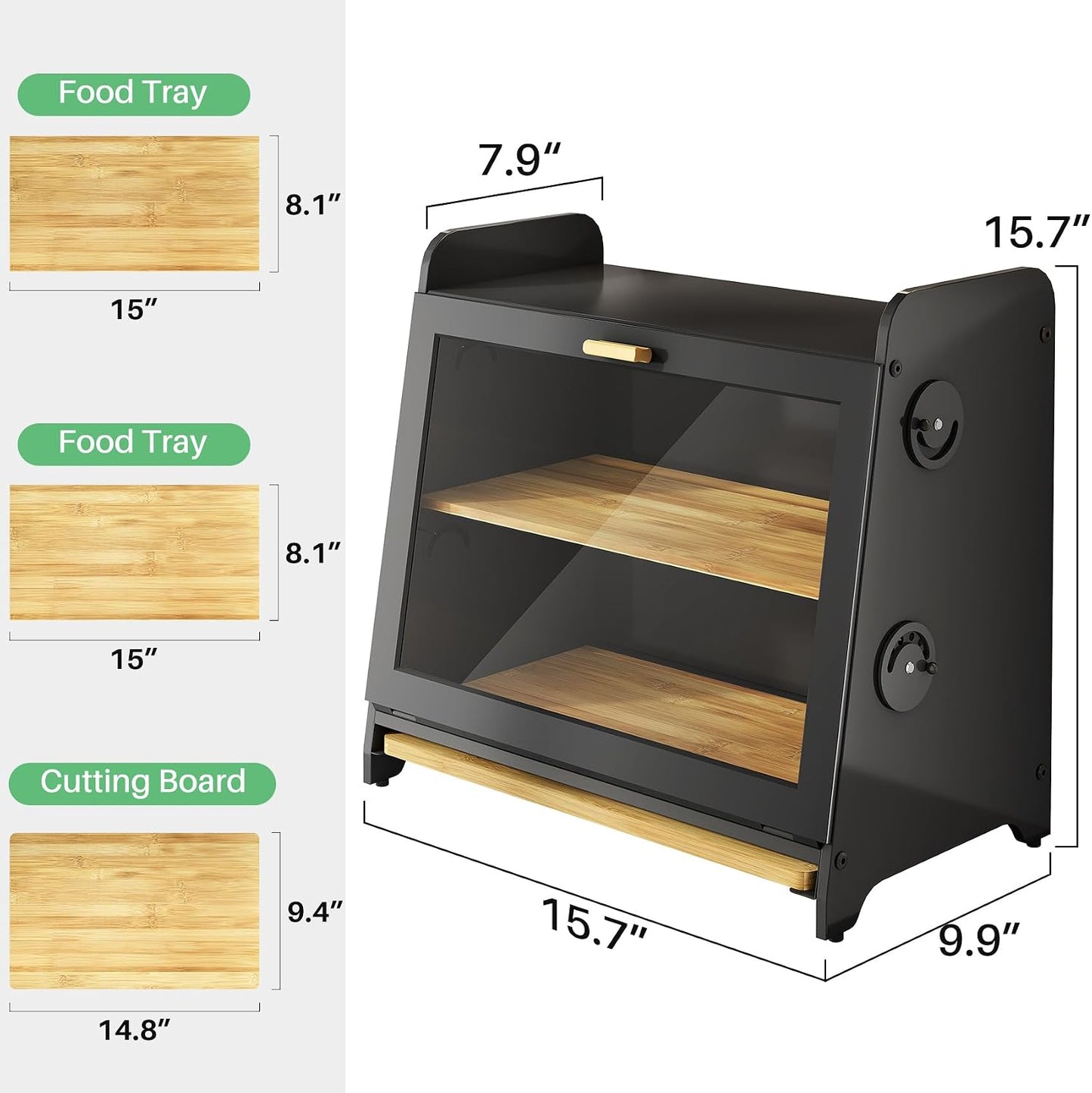 SNTD Airtight Bread Box for Kitchen Countertop, Bamboo Cutting Board, Black | Adjustable Vent Hole, Sorted Storage