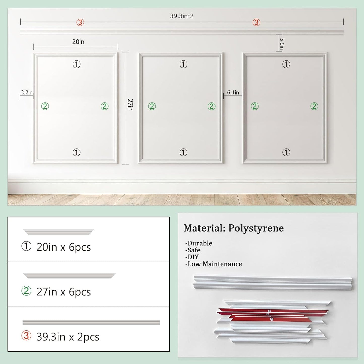 Wall Molding + Chair Rail Trim / 20 x 27 / + Trim Set / Set of 3