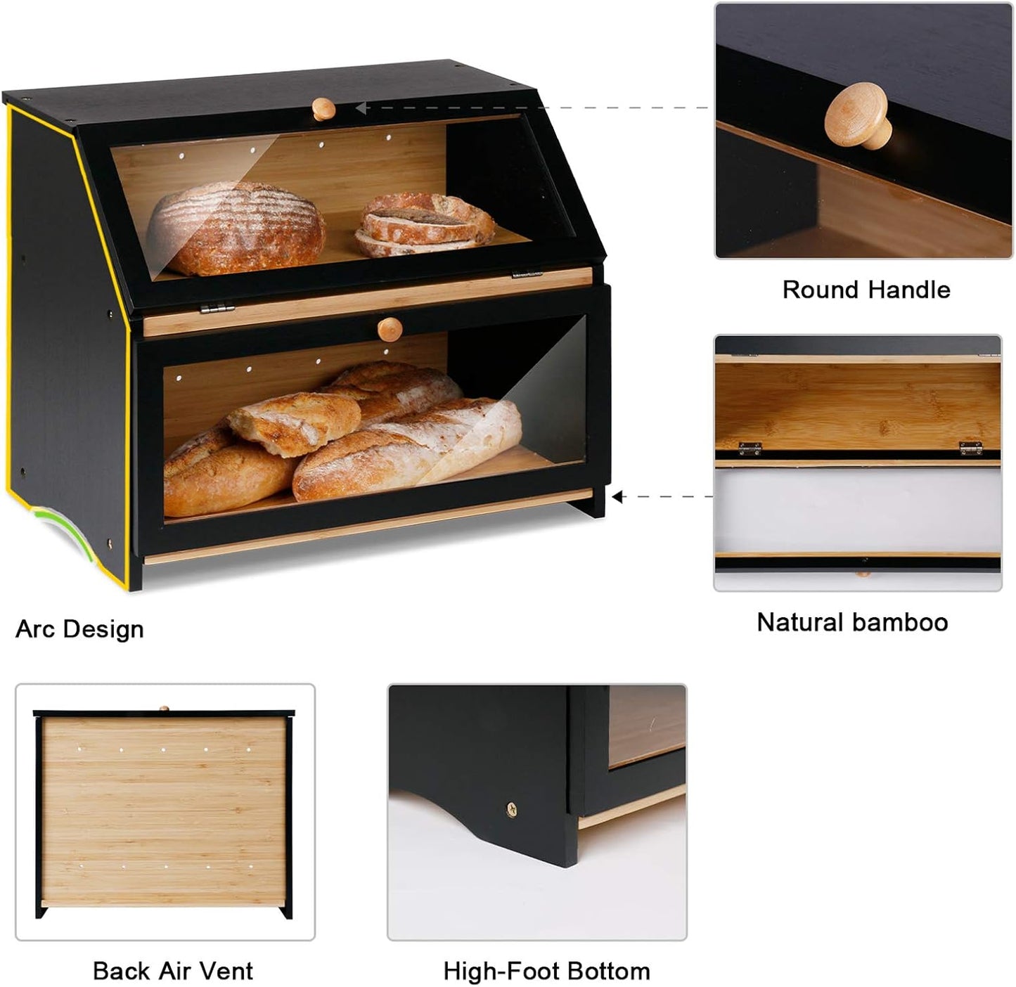 HOMEKOKO Double Layer Wooden Bread Box, Keep Bread Fresh Longer, Black | Keeps Bread Fresh 3-4 Days, Large Capacity