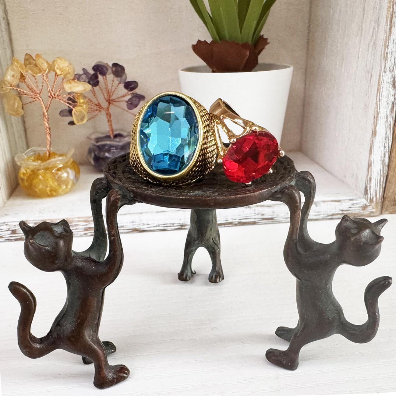 Cat Figurines Rings Earrings Holder Brass Vintage Pedestal Risers for Display Mini / 2.75 x 1.96