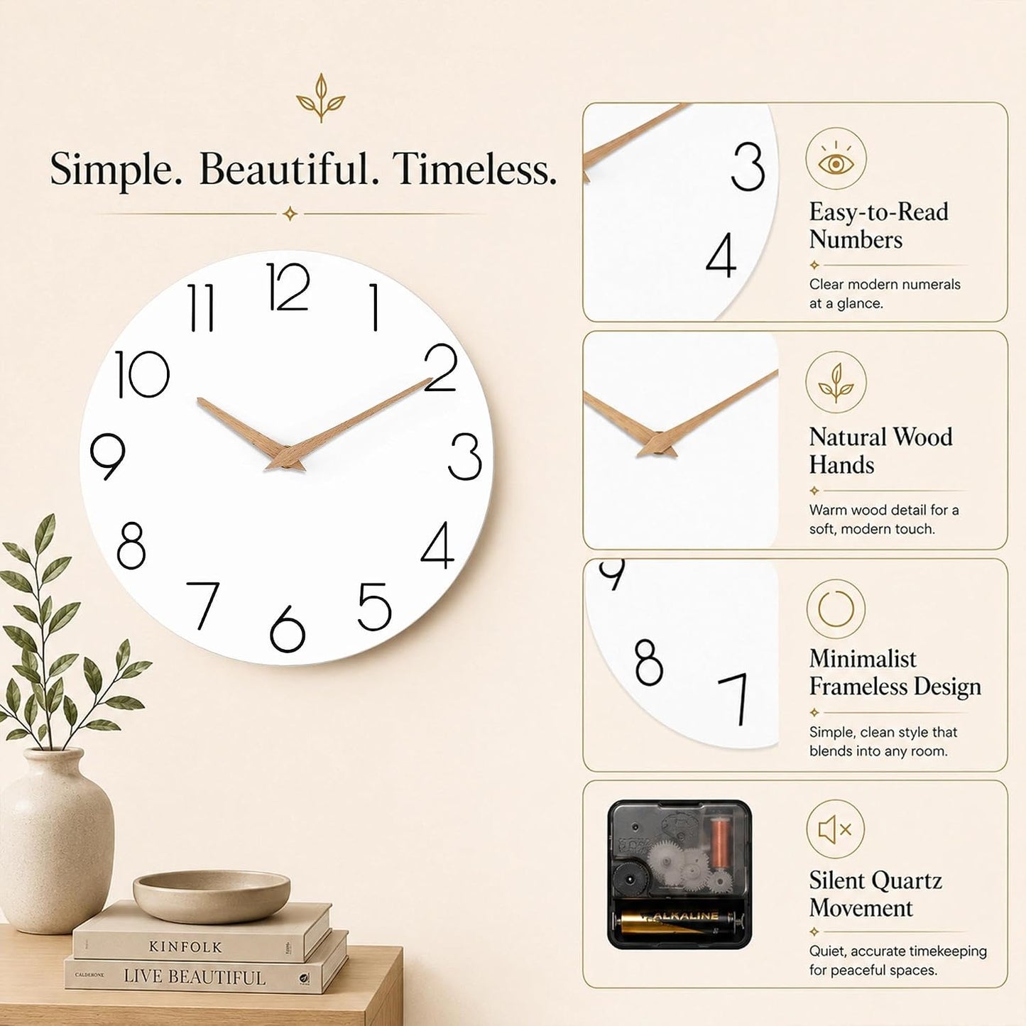cicininc 16 Inch Battery Operated Wall Clock, Silent Analog, White | Large Size | Living Room | Office | Kitchen
