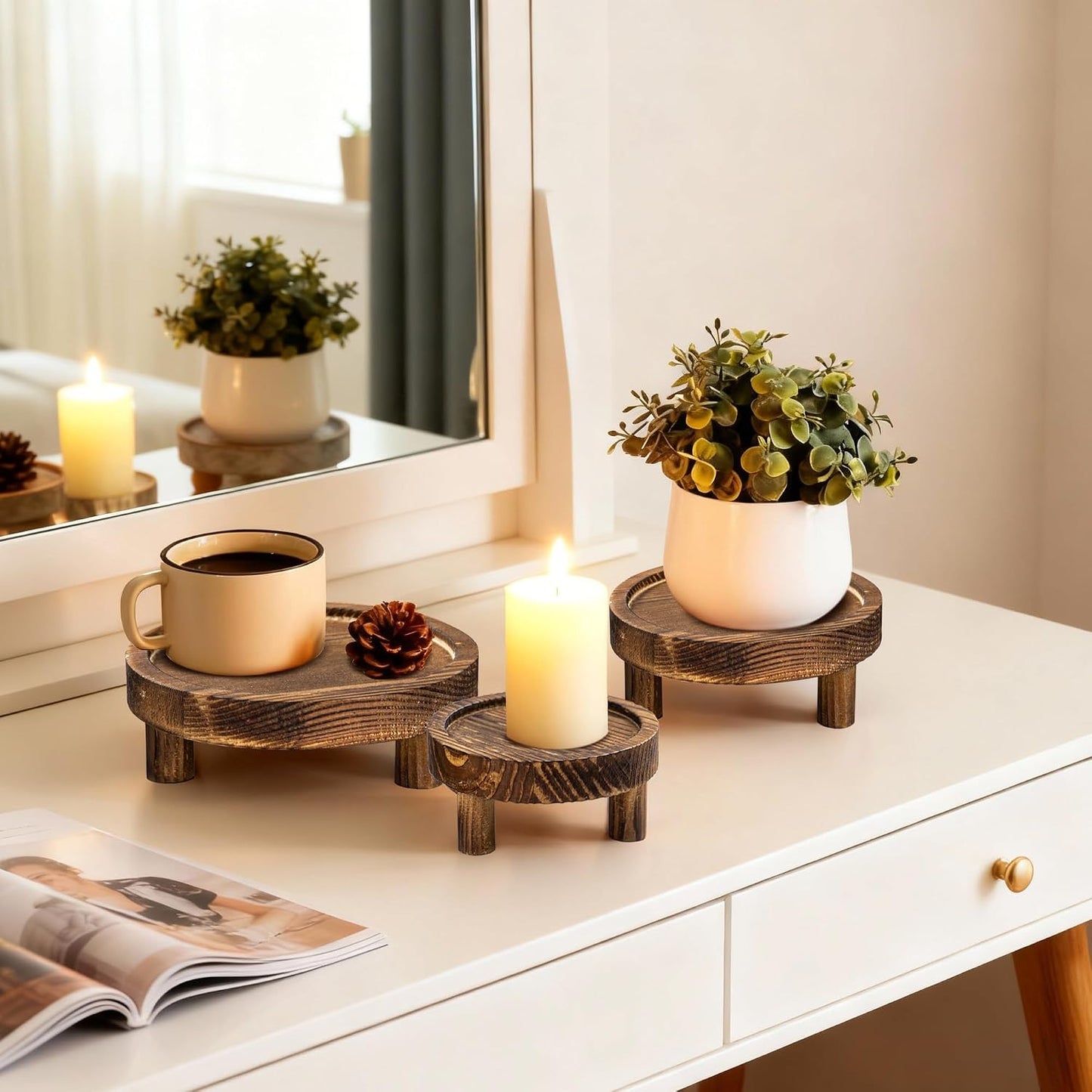 Wooden Display Risers Round Wood Pedestal Stand Mini Plant Tray Stand / Brown / 6 Inch / Set of 3