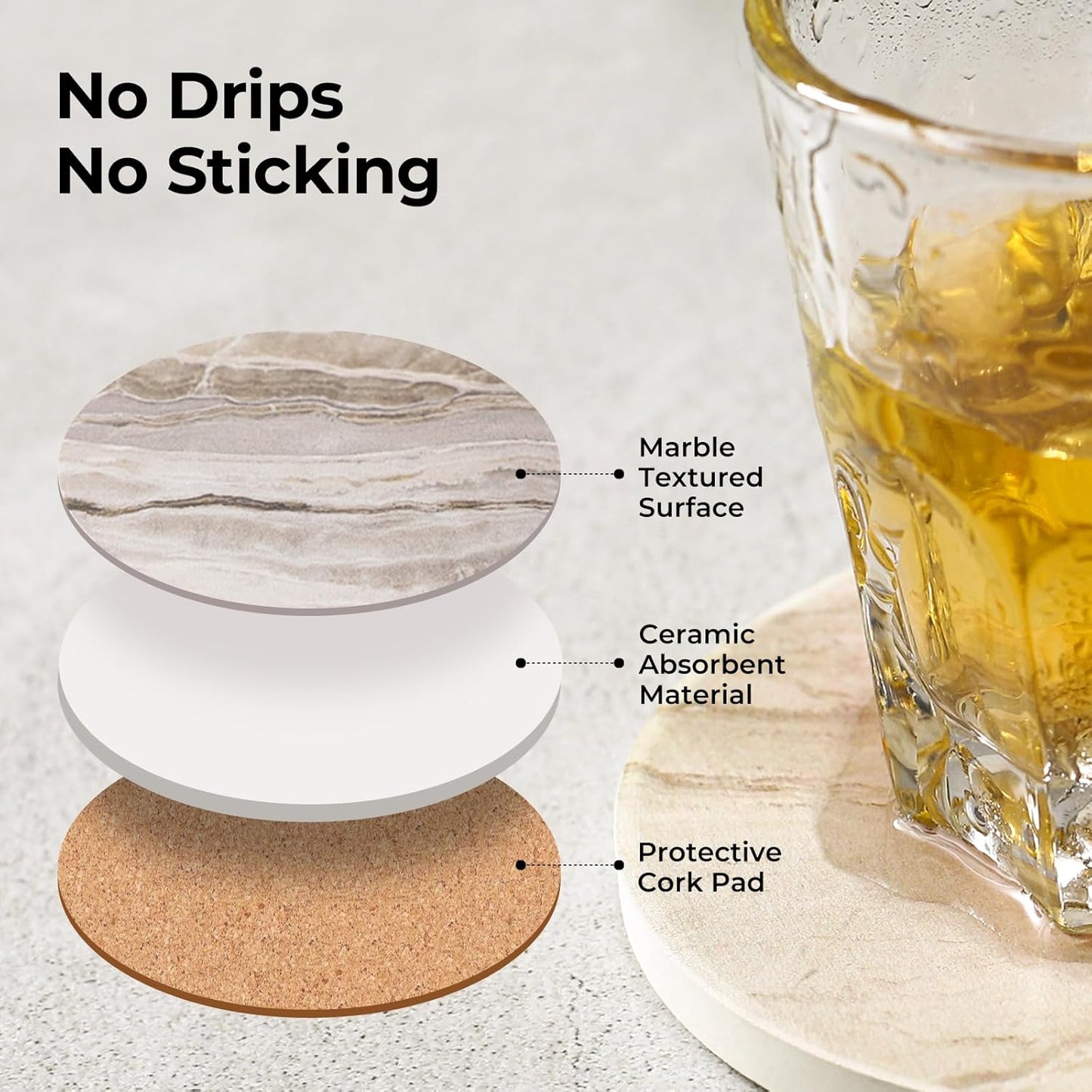 Marble Style Ceramic Stone Coaster for Drink Tabletop Protection / Beige Marble / Set of 6