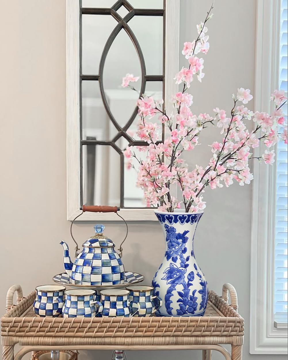 White Ceramic Vase / # Simple Floral Texture / Blue / 11 Inch
