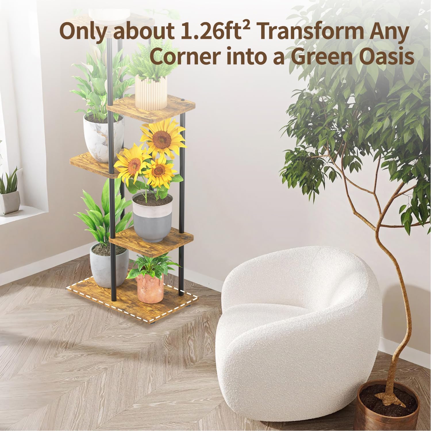 LASZOLA Plant Stand Shelf Tall for Indoor Corner, 4 Tier Wood Brown | Heavy Duty Multi Level Vertical Flower Rack for