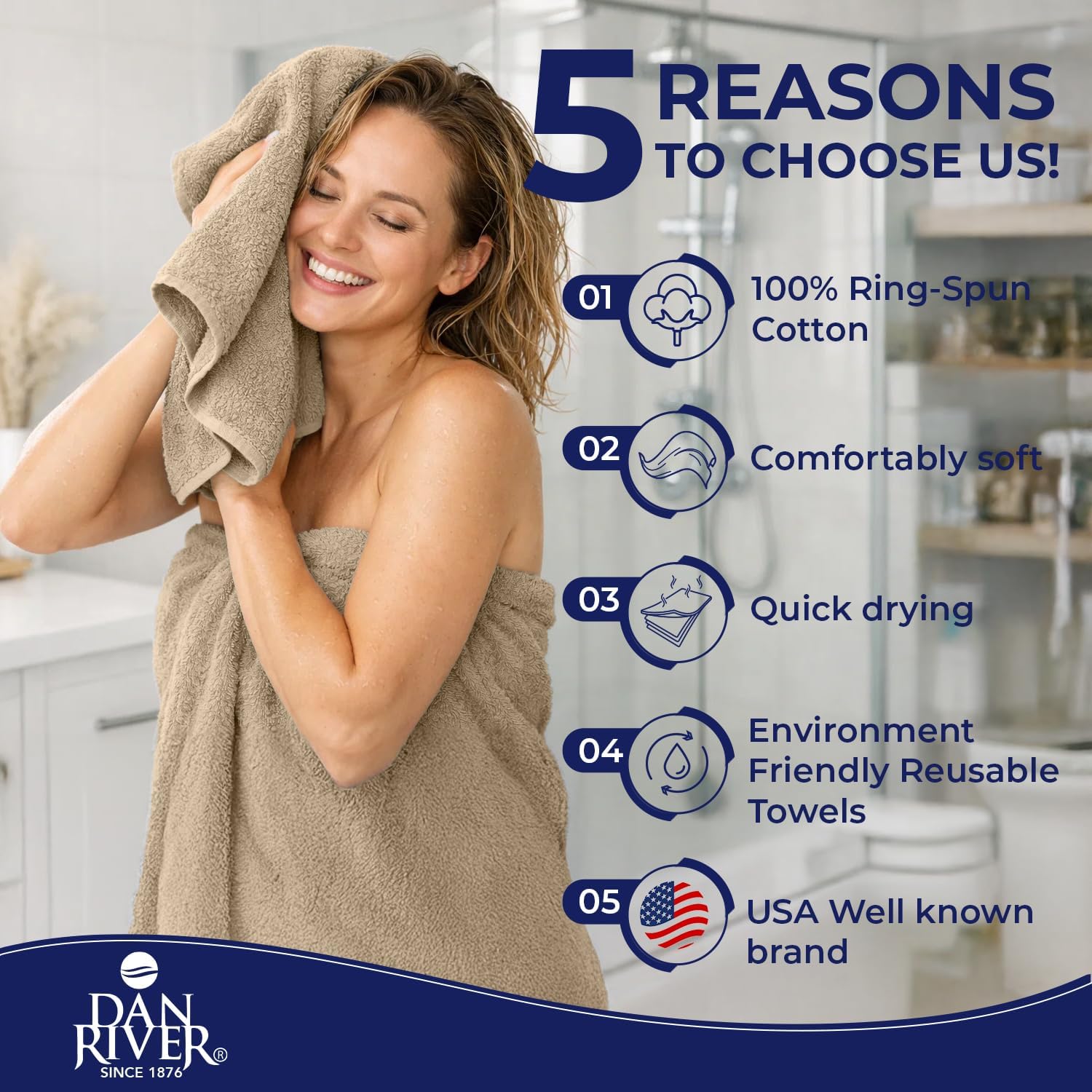 DAN RIVER 8 Piece Luxury Bath Towels for Bathroom, Towel Set, Tan | 2 Bath towels, 2 Hand towels, and 4 Wash Cloths