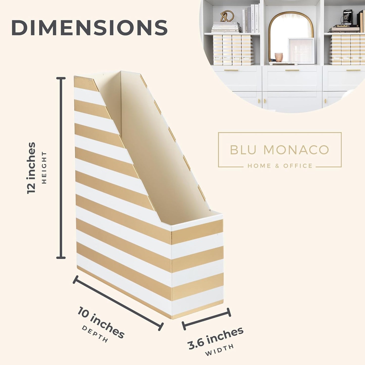 BLU MONACO | Cardboard Magazine File Holder Set of 4 Gold White Stripes | Vertical Magazine File Holder with Label