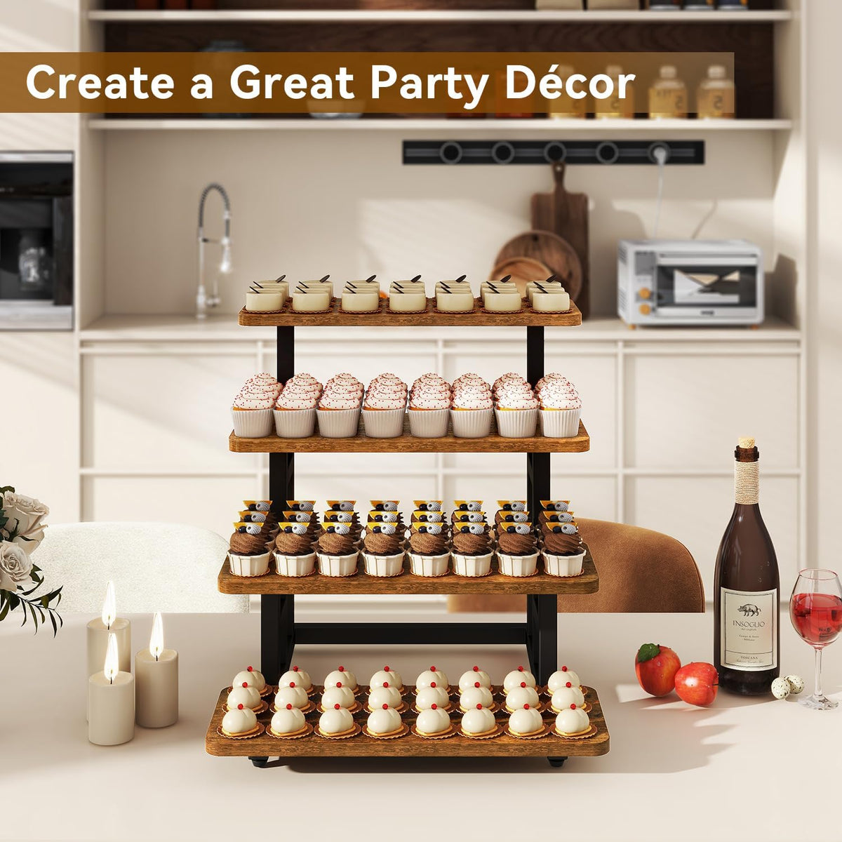 IBUYKE 4 Tier Cupcake Stand,Tiered Display Stand,Brown TLJ018H | Wooden Risers Display Stands for food Dessert Table